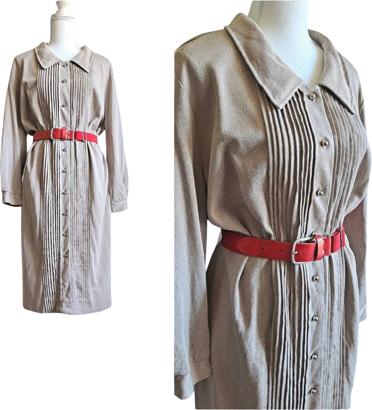 60s Vintage Long Sleeve Pleated Taupe Brown Dress - Image 7