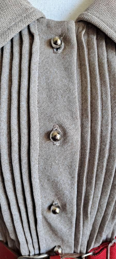 60s Vintage Long Sleeve Pleated Taupe Brown Dress - Image 9
