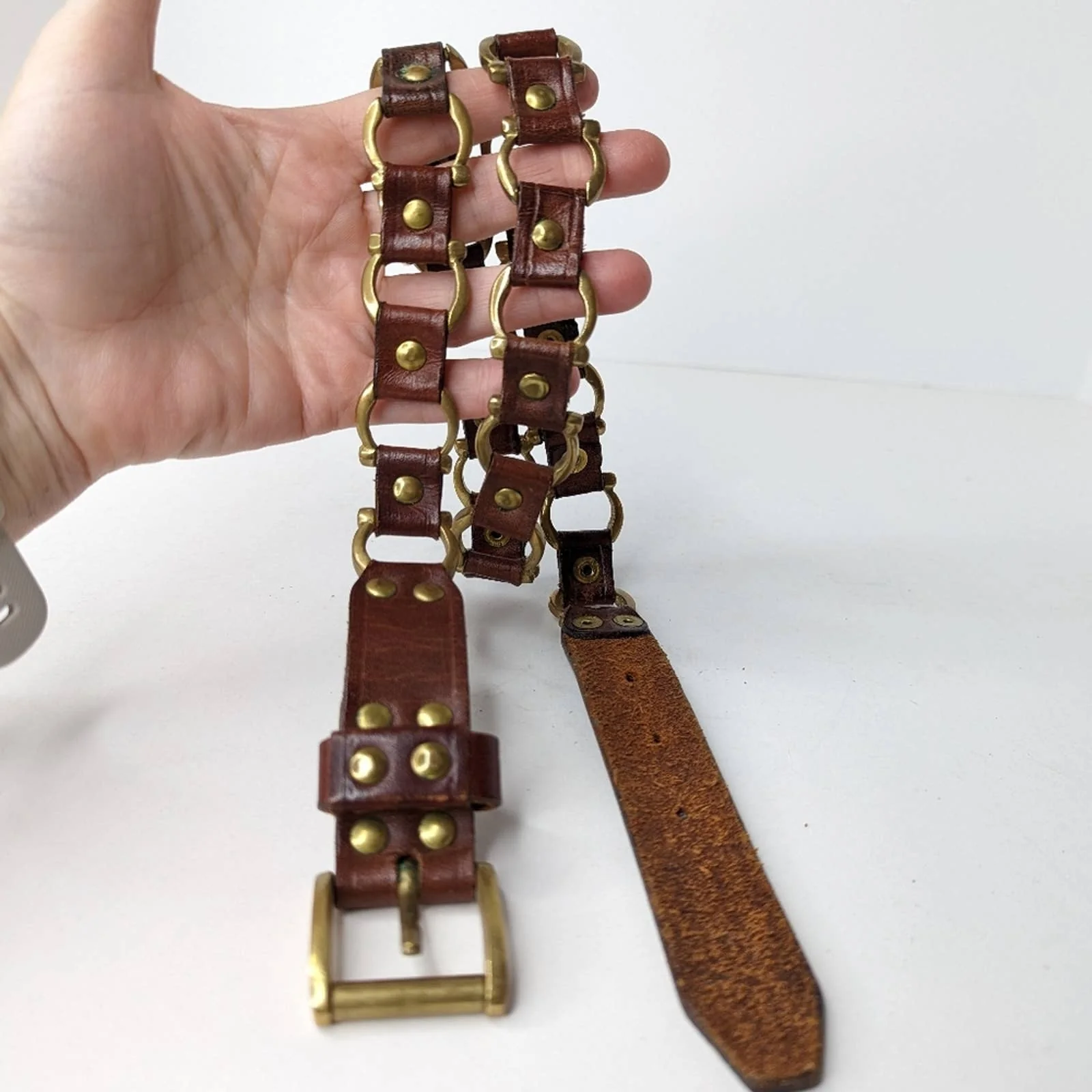 Vintage Leather and Brass Chain Link Belt - Image 3