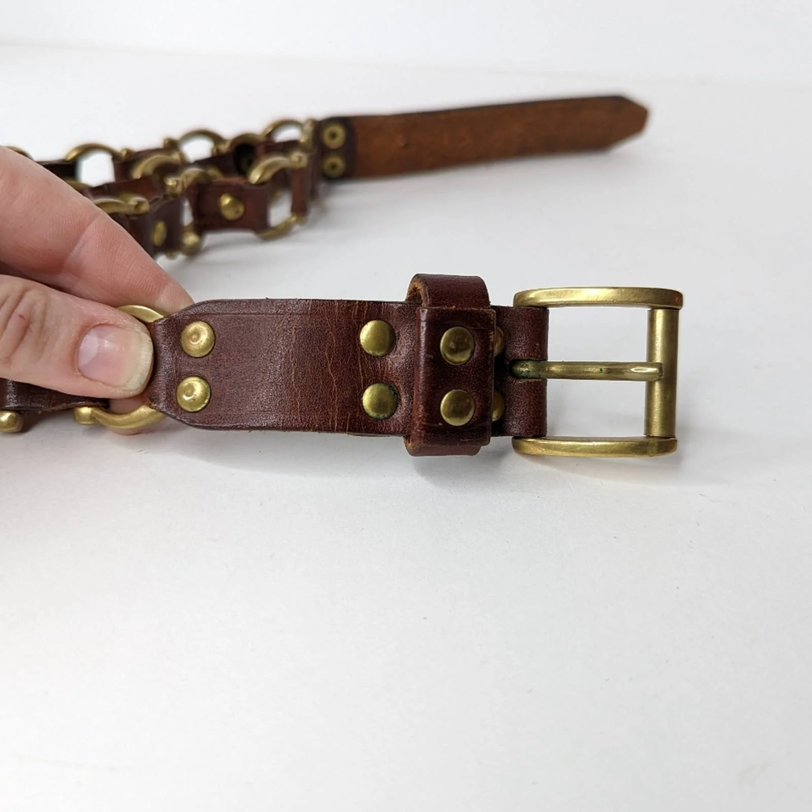 Vintage Leather and Brass Chain Link Belt - Image 4