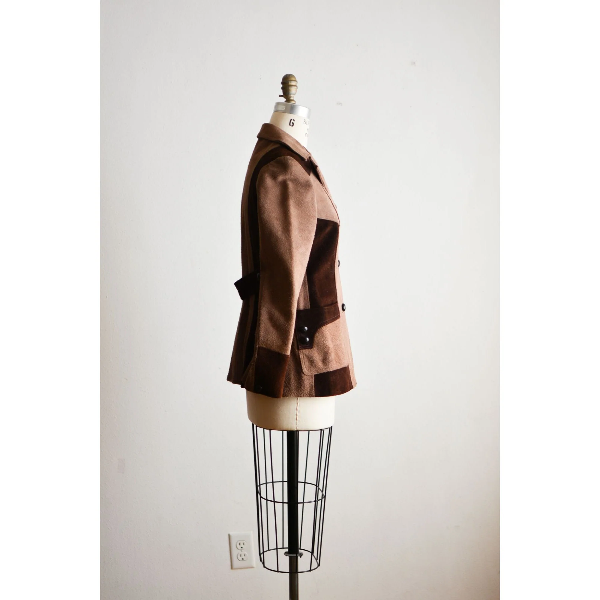 Vintage Leather Jacket Cream Striped 70s Buttoned Down Patches Size Small - Image 5