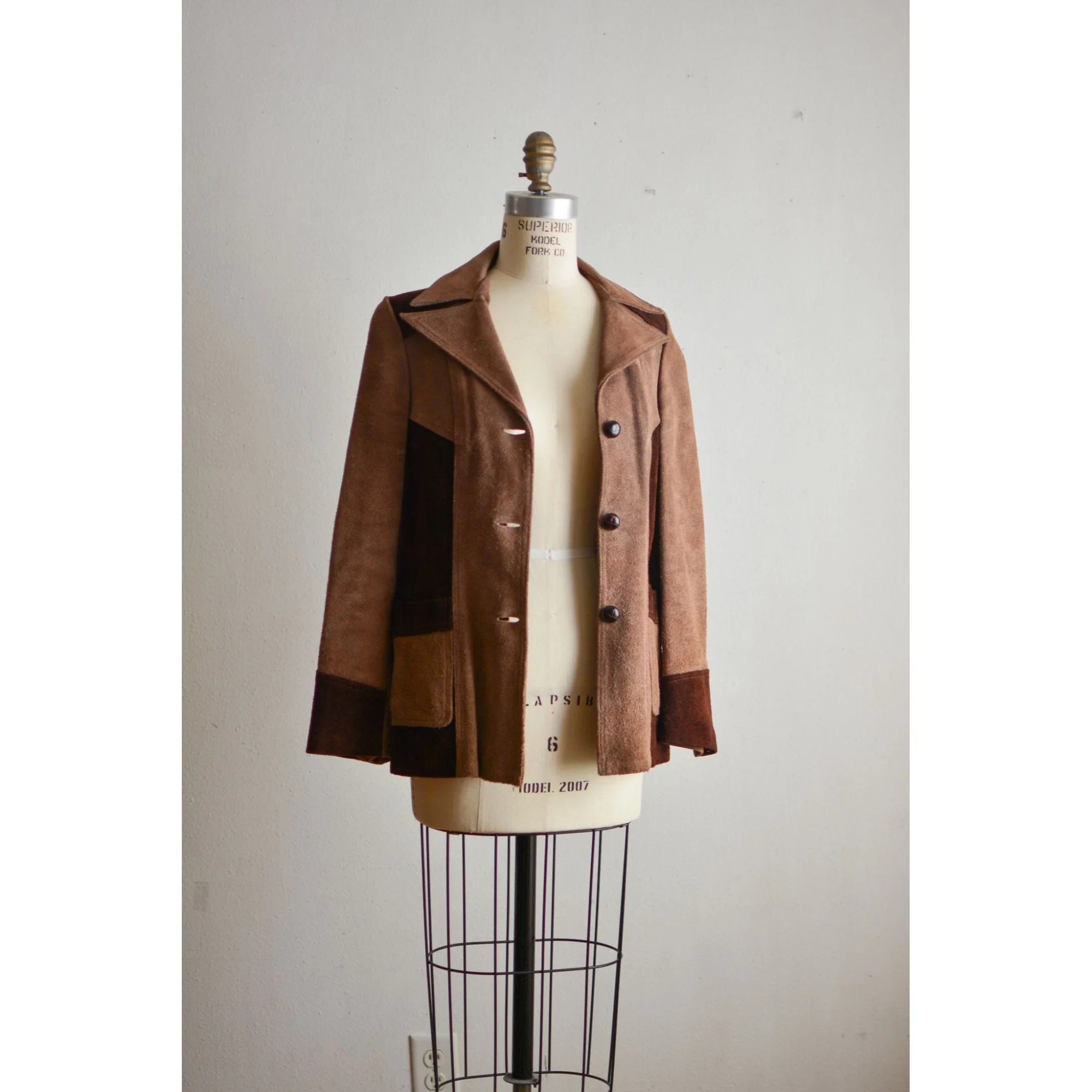 Vintage Leather Jacket Cream Striped 70s Buttoned Down Patches Size Small - Image 7