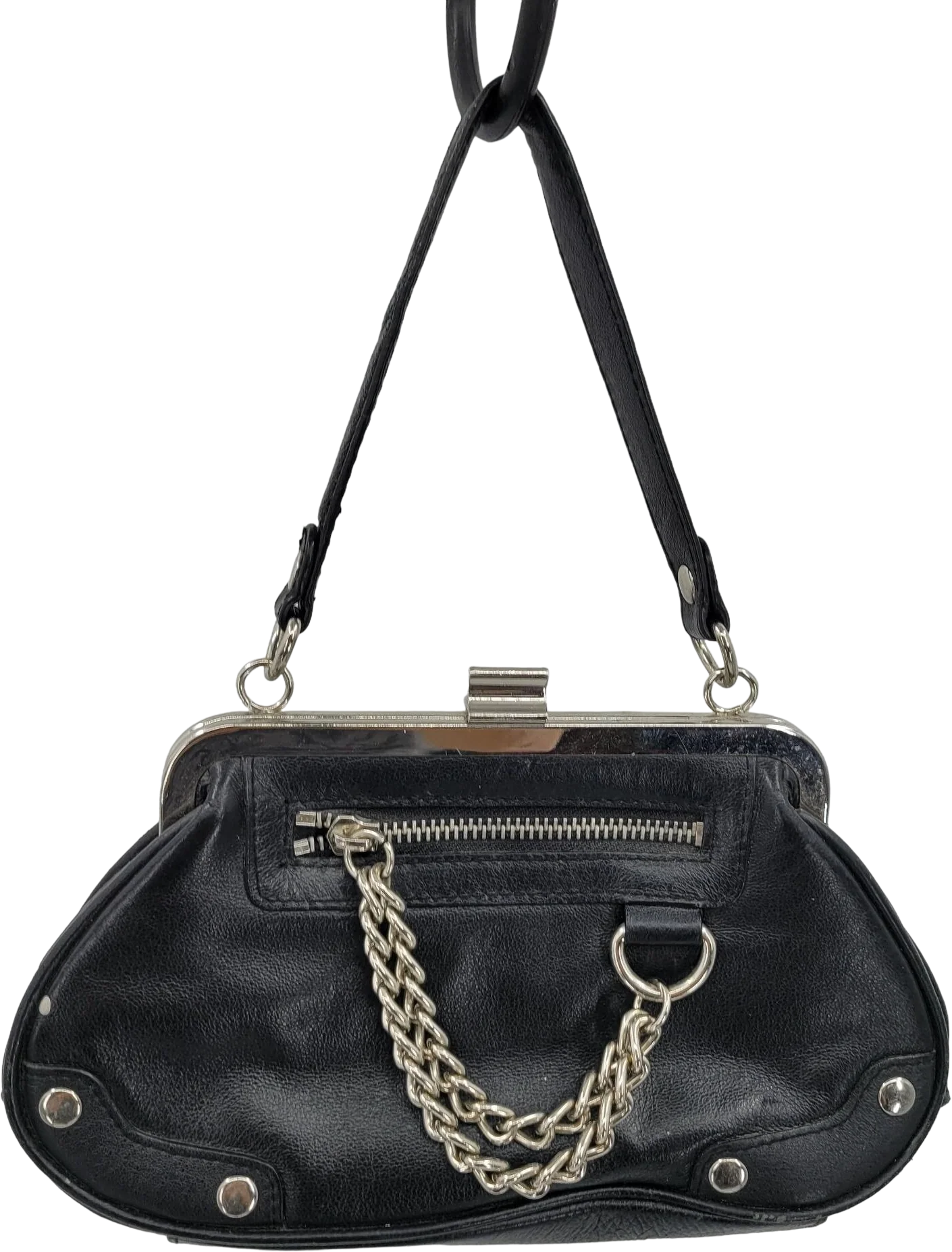 Vintage Leather Maxima Mini Top Handle Baguette Biker Punk Chain Black by Wilson