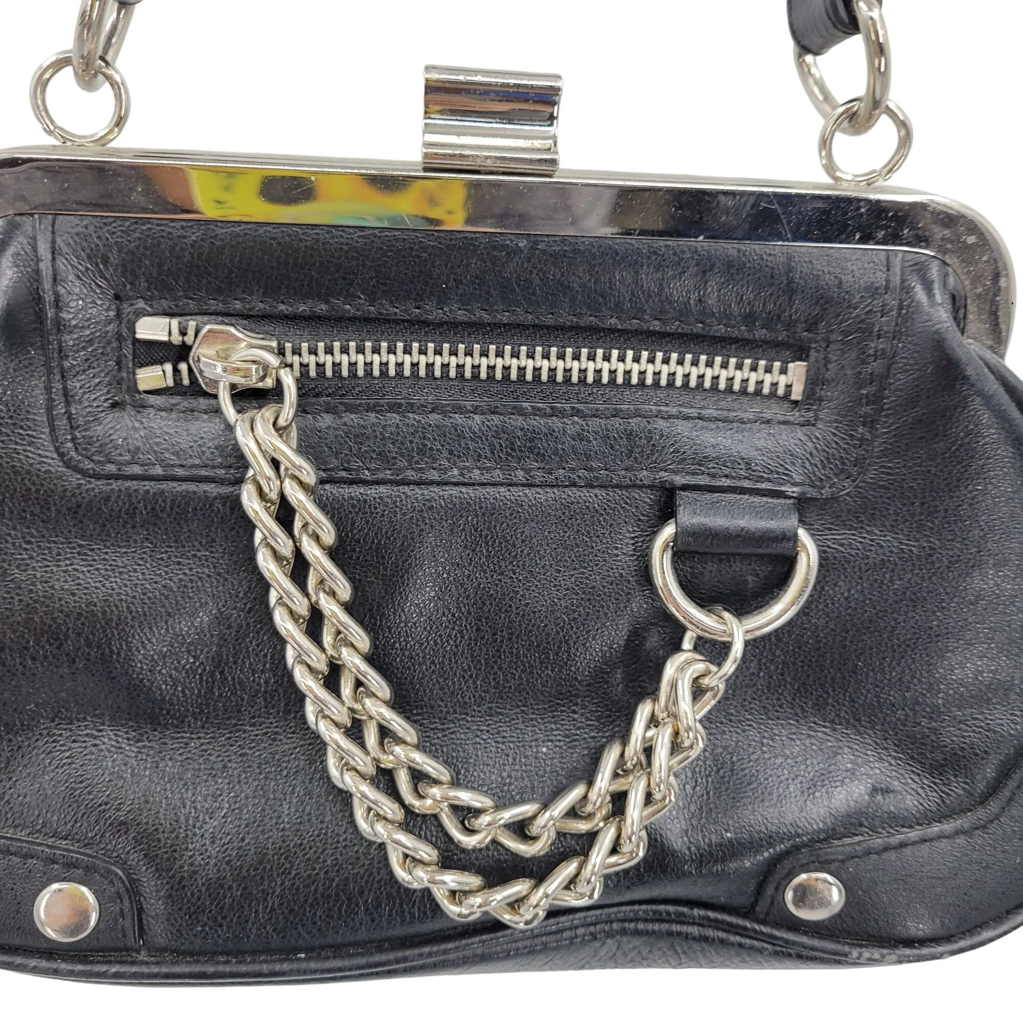 Vintage Leather Maxima Mini Top Handle Baguette Biker Punk Chain Black by Wilson - Image 8