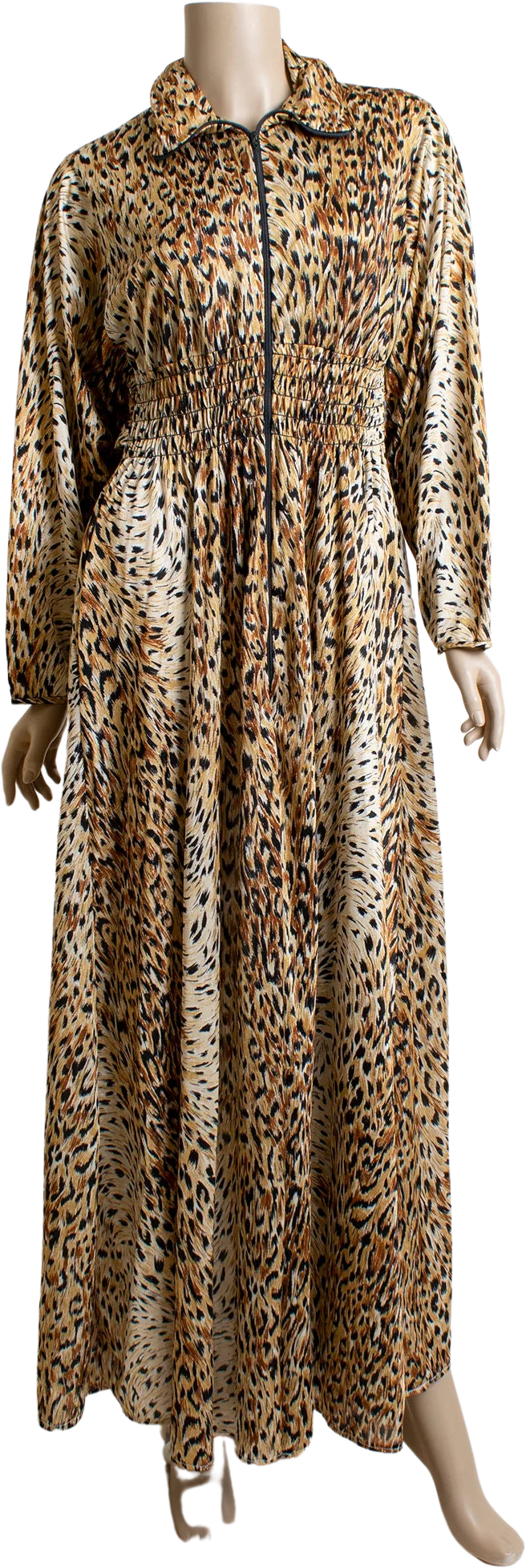 Vintage Leopard Print Robe - Nylon Animal Print Batwing Sleeve Smocked Floor Length Maxi Dressing Gown - 70s Large Xl