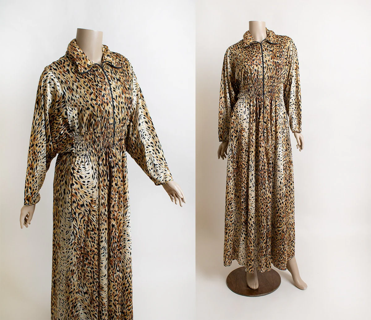 Vintage Leopard Print Robe - Nylon Animal Print Batwing Sleeve Smocked Floor Length Maxi Dressing Gown - 70s Large Xl - Image 2