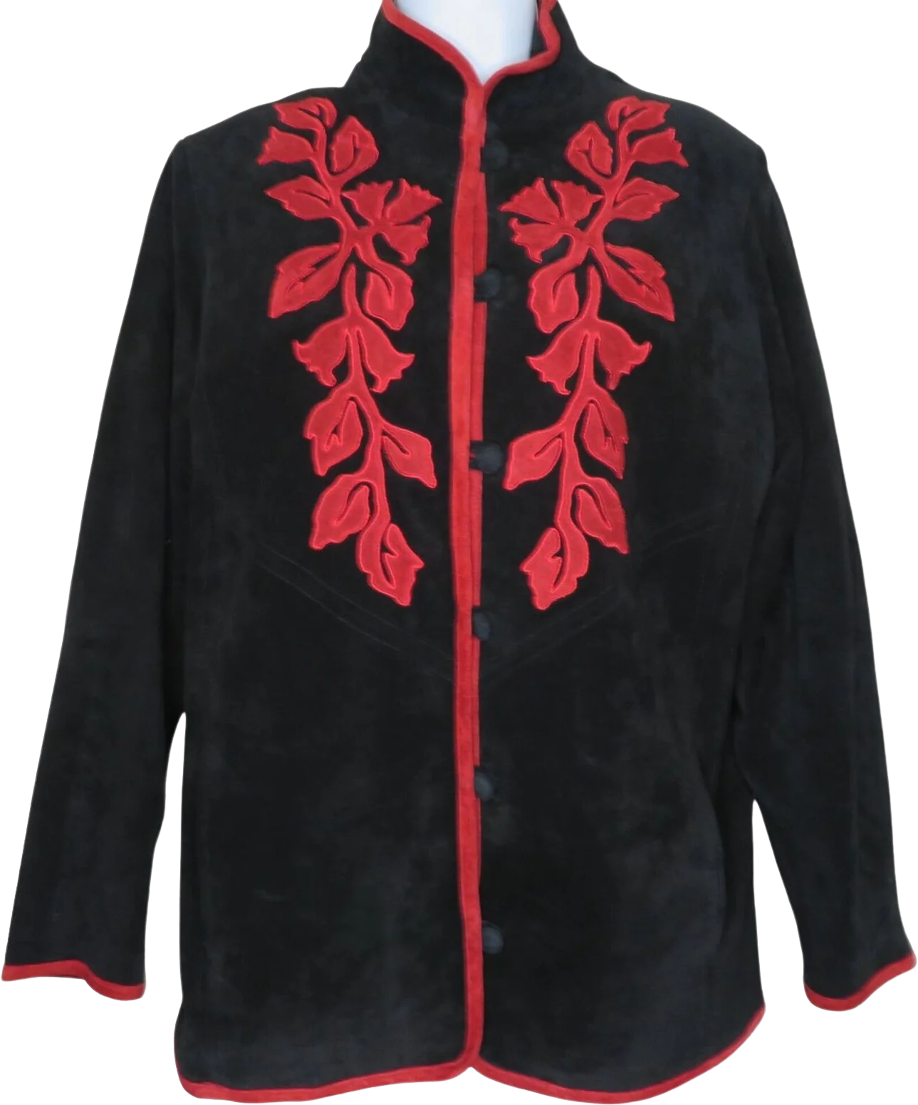 Vintage Linea Suede Leather Jacket Coat S Black Red Appliqué High Collar Pockets by Louis Dell' Olio