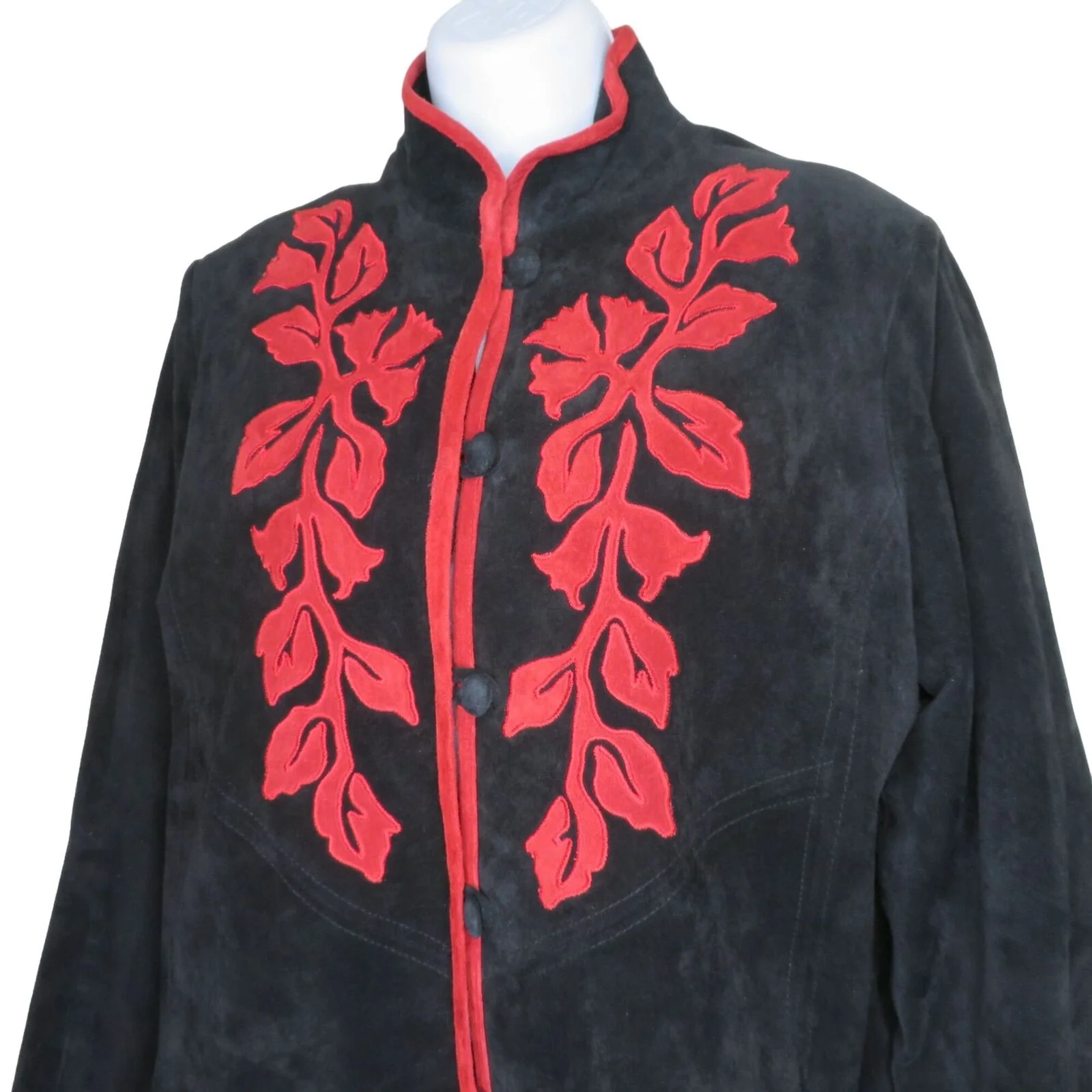 Vintage Linea Suede Leather Jacket Coat S Black Red Appliqué High Collar Pockets by Louis Dell' Olio - Image 4
