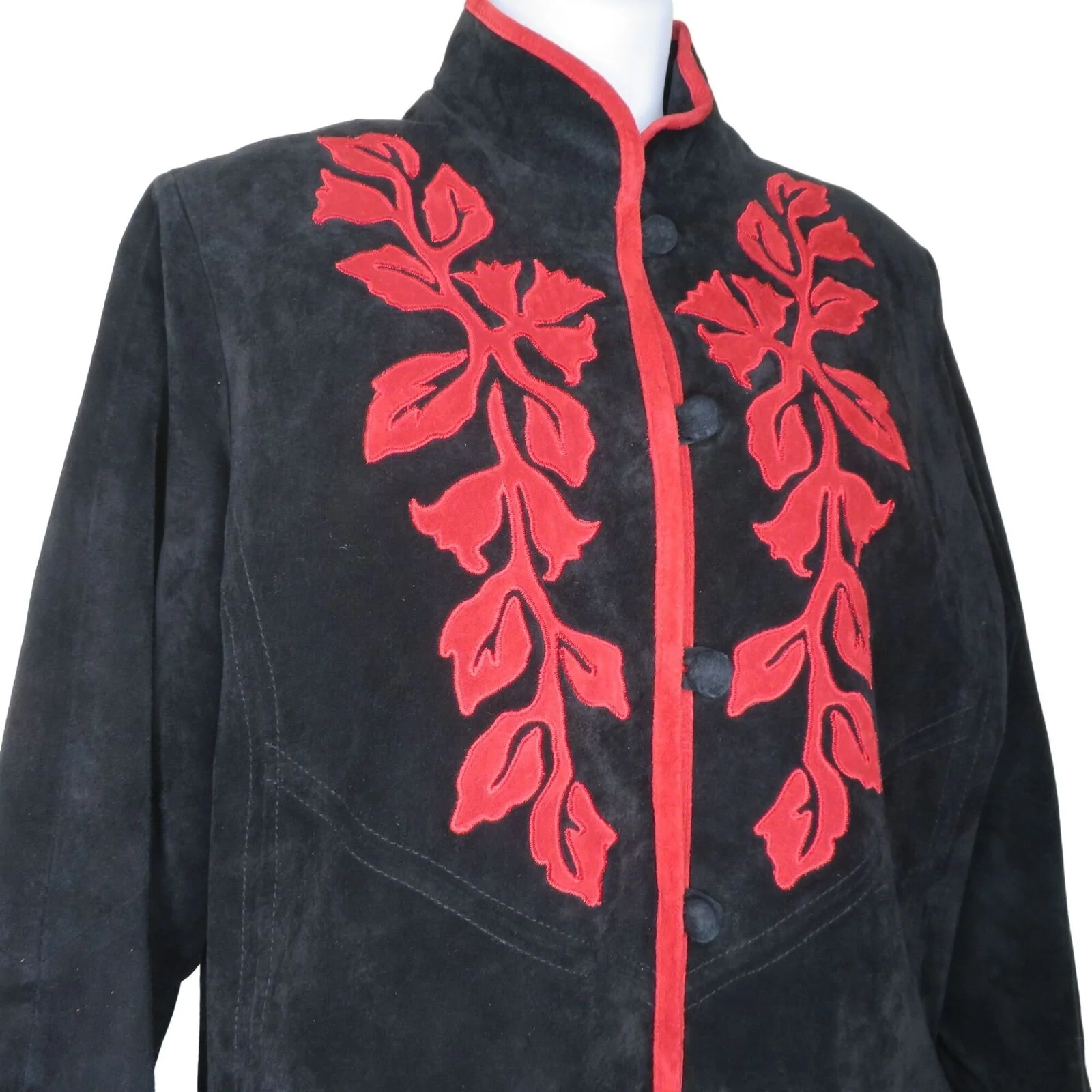 Vintage Linea Suede Leather Jacket Coat S Black Red Appliqué High Collar Pockets by Louis Dell' Olio - Image 5
