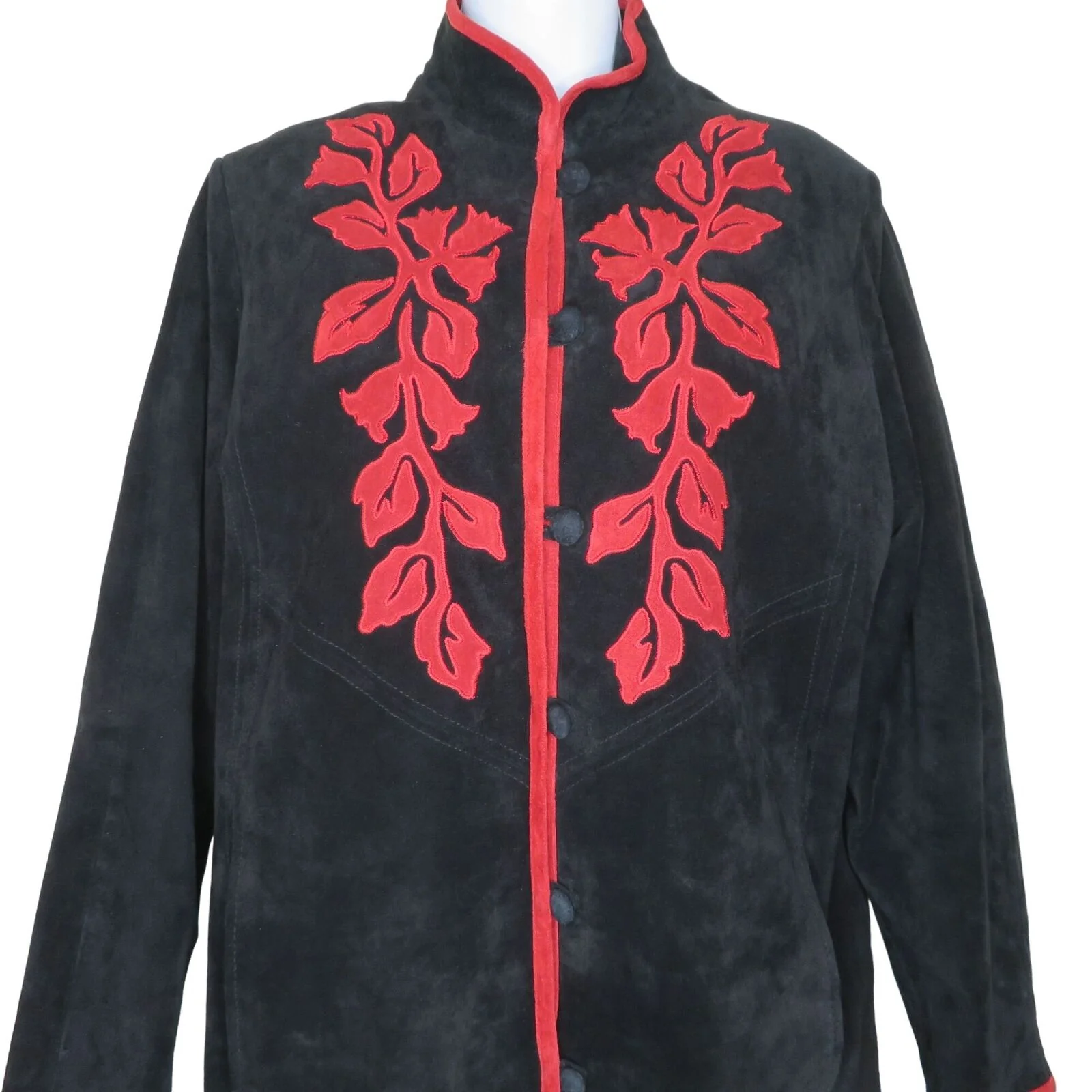 Vintage Linea Suede Leather Jacket Coat S Black Red Appliqué High Collar Pockets by Louis Dell' Olio - Image 6