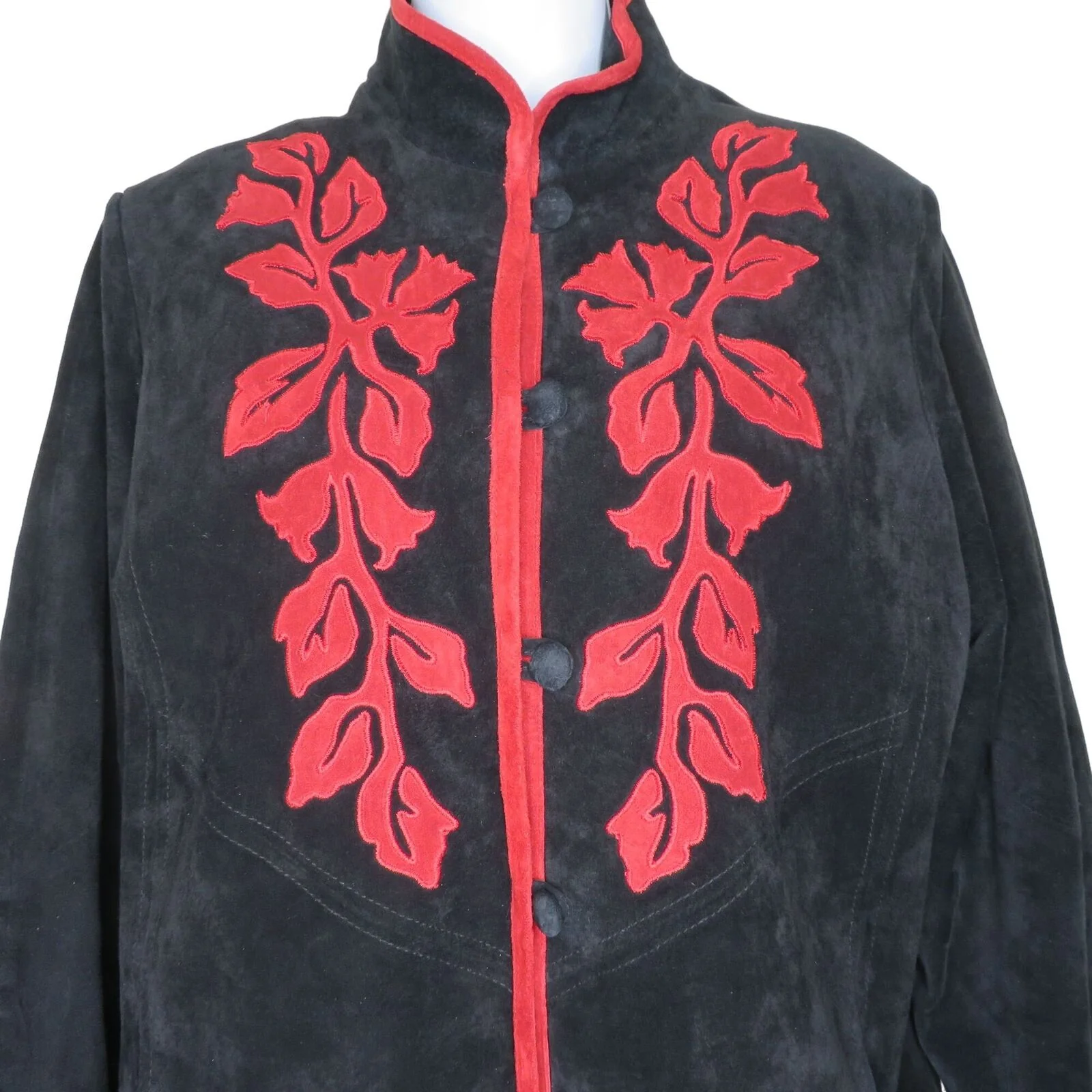 Vintage Linea Suede Leather Jacket Coat S Black Red Appliqué High Collar Pockets by Louis Dell' Olio - Image 7