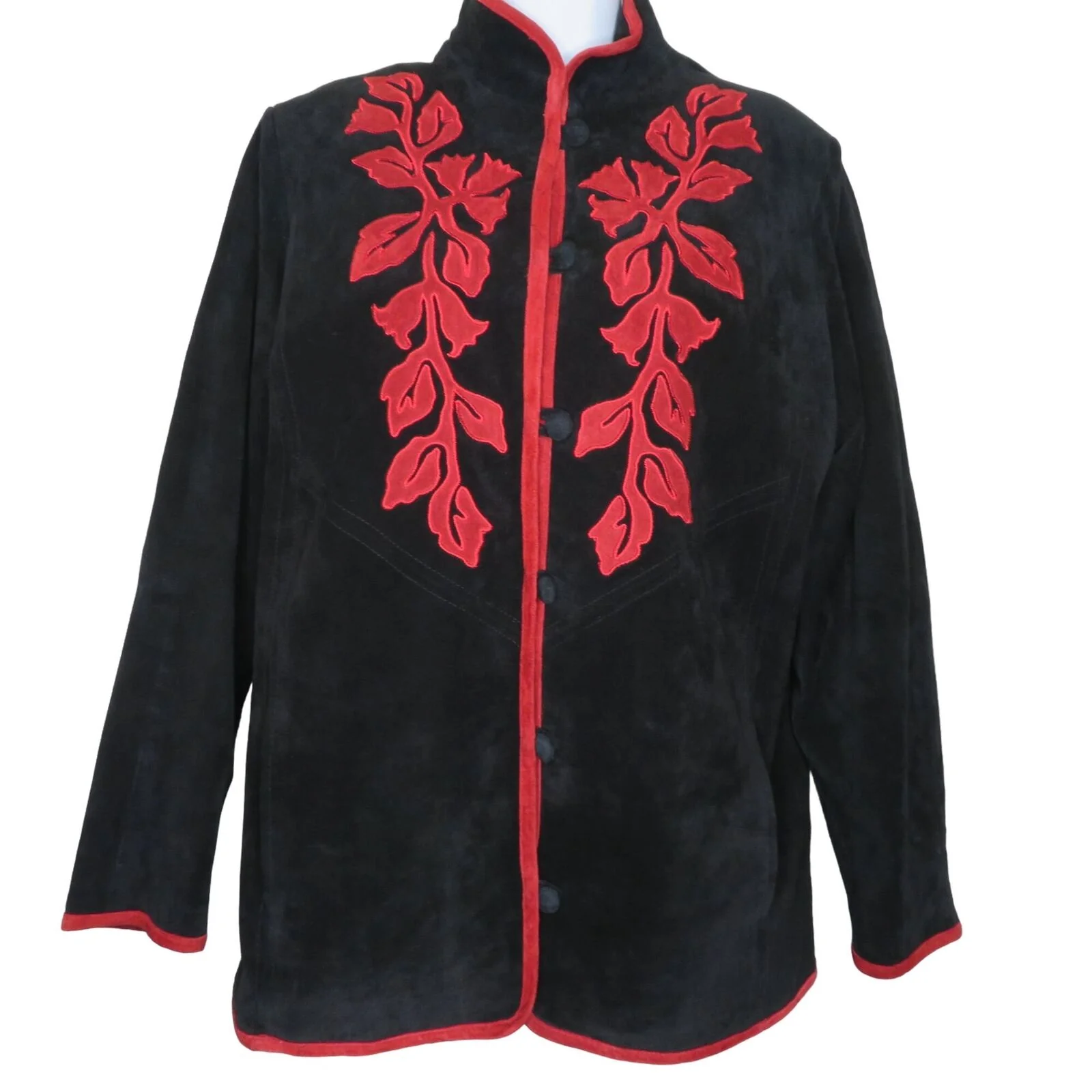 Vintage Linea Suede Leather Jacket Coat S Black Red Appliqué High Collar Pockets by Louis Dell' Olio - Image 8