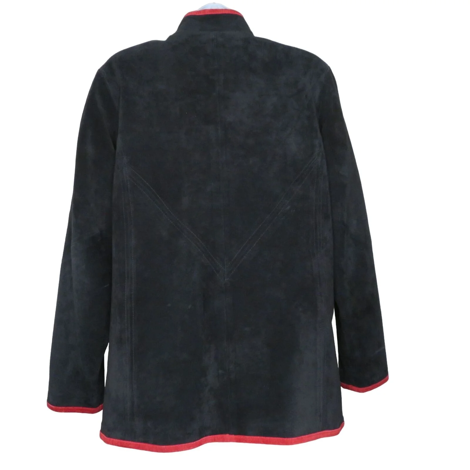 Vintage Linea Suede Leather Jacket Coat S Black Red Appliqué High Collar Pockets by Louis Dell' Olio - Image 9