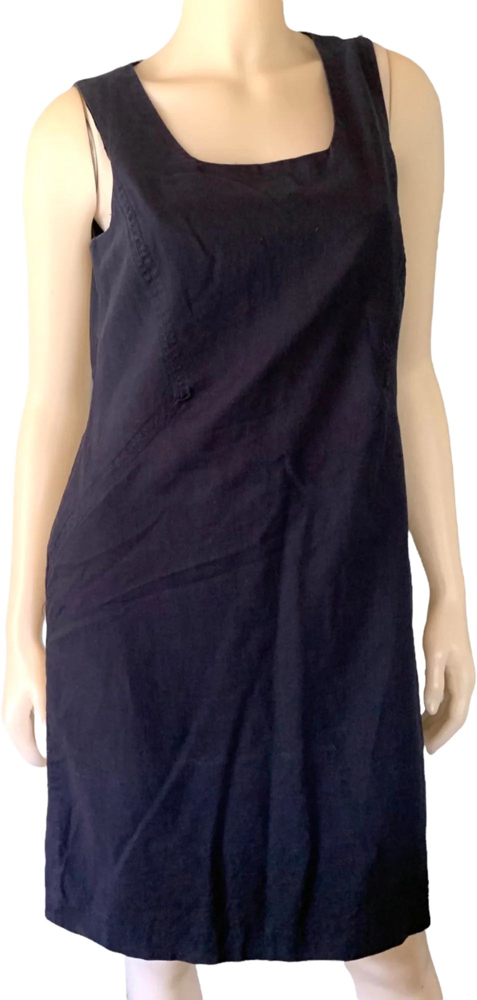 Vintage Linen Blend Shift Dress 8p Career Lined Square Neck Navy Blue by Chadwicks
