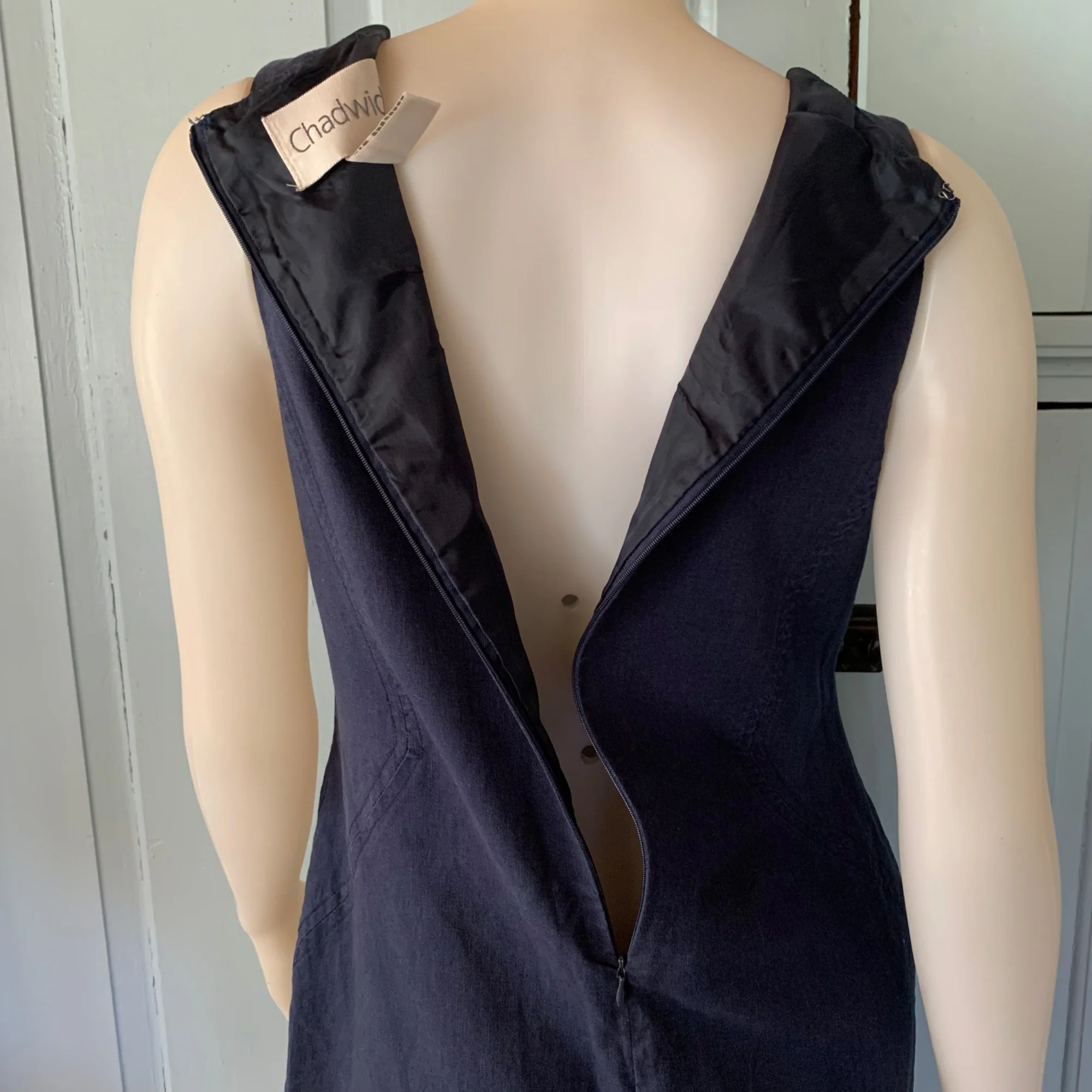 Vintage Linen Blend Shift Dress 8p Career Lined Square Neck Navy Blue by Chadwicks - Image 5