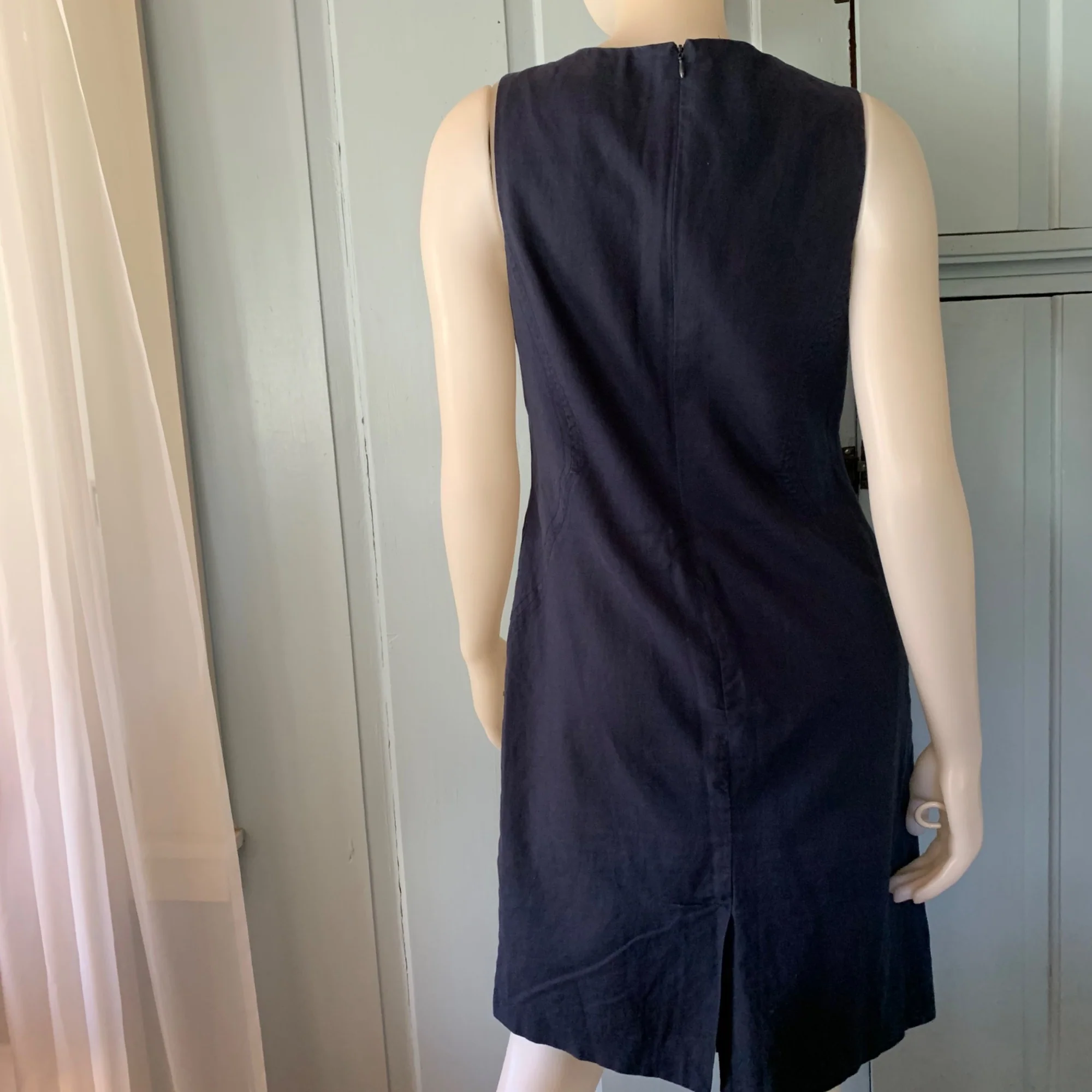 Vintage Linen Blend Shift Dress 8p Career Lined Square Neck Navy Blue by Chadwicks - Image 7