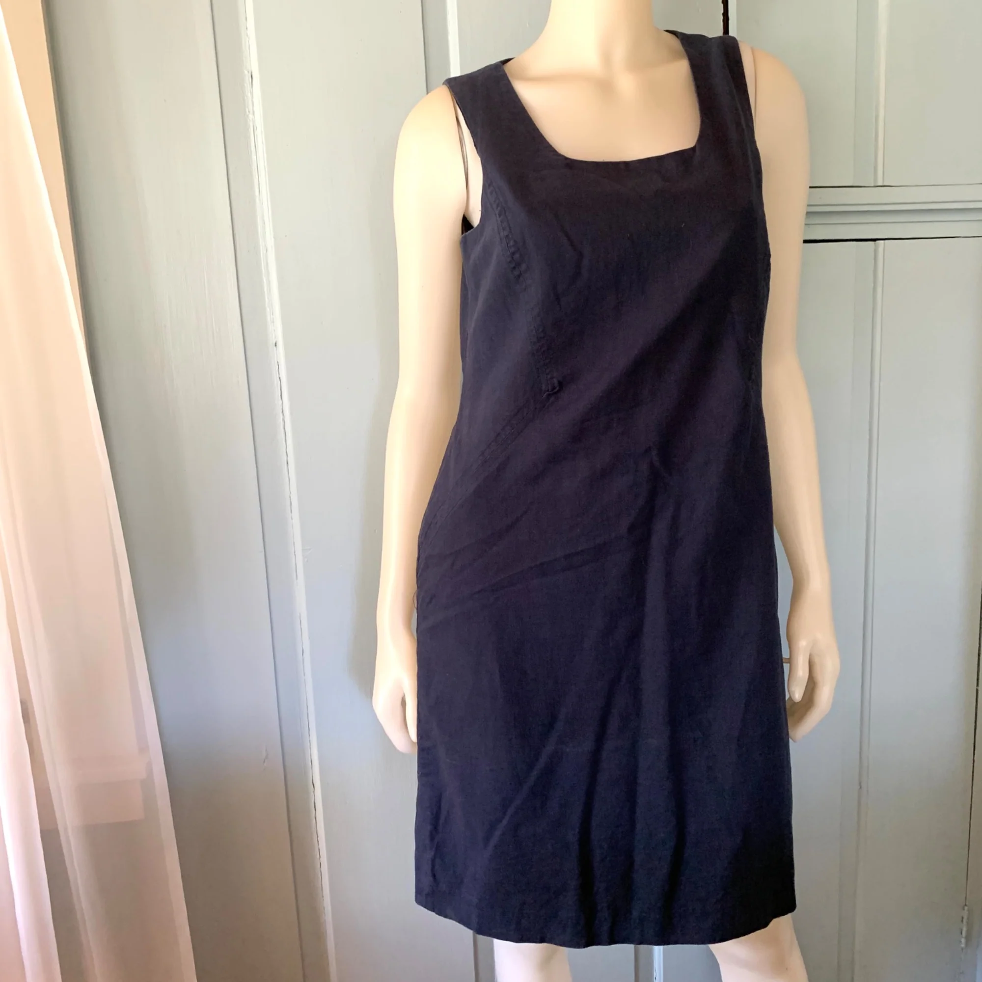 Vintage Linen Blend Shift Dress 8p Career Lined Square Neck Navy Blue by Chadwicks - Image 8