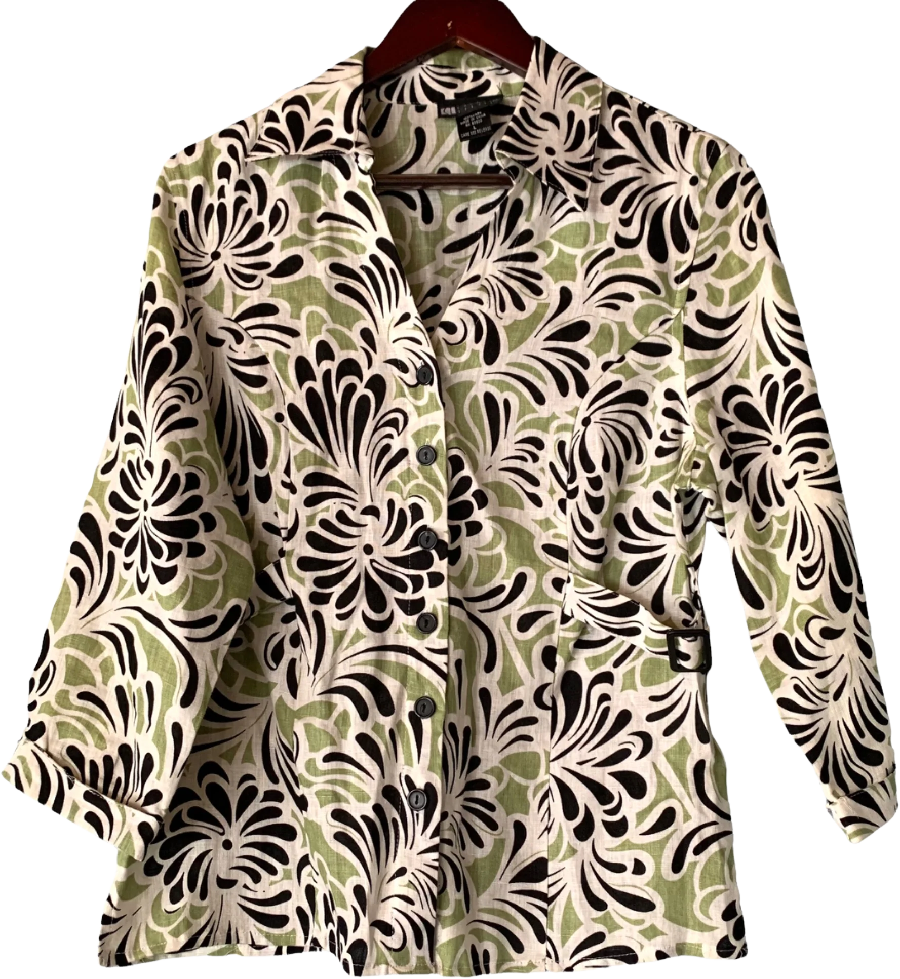 Vintage Linen Shirt L Print Jacket Side Buckle Lightweight Career by Carole Little