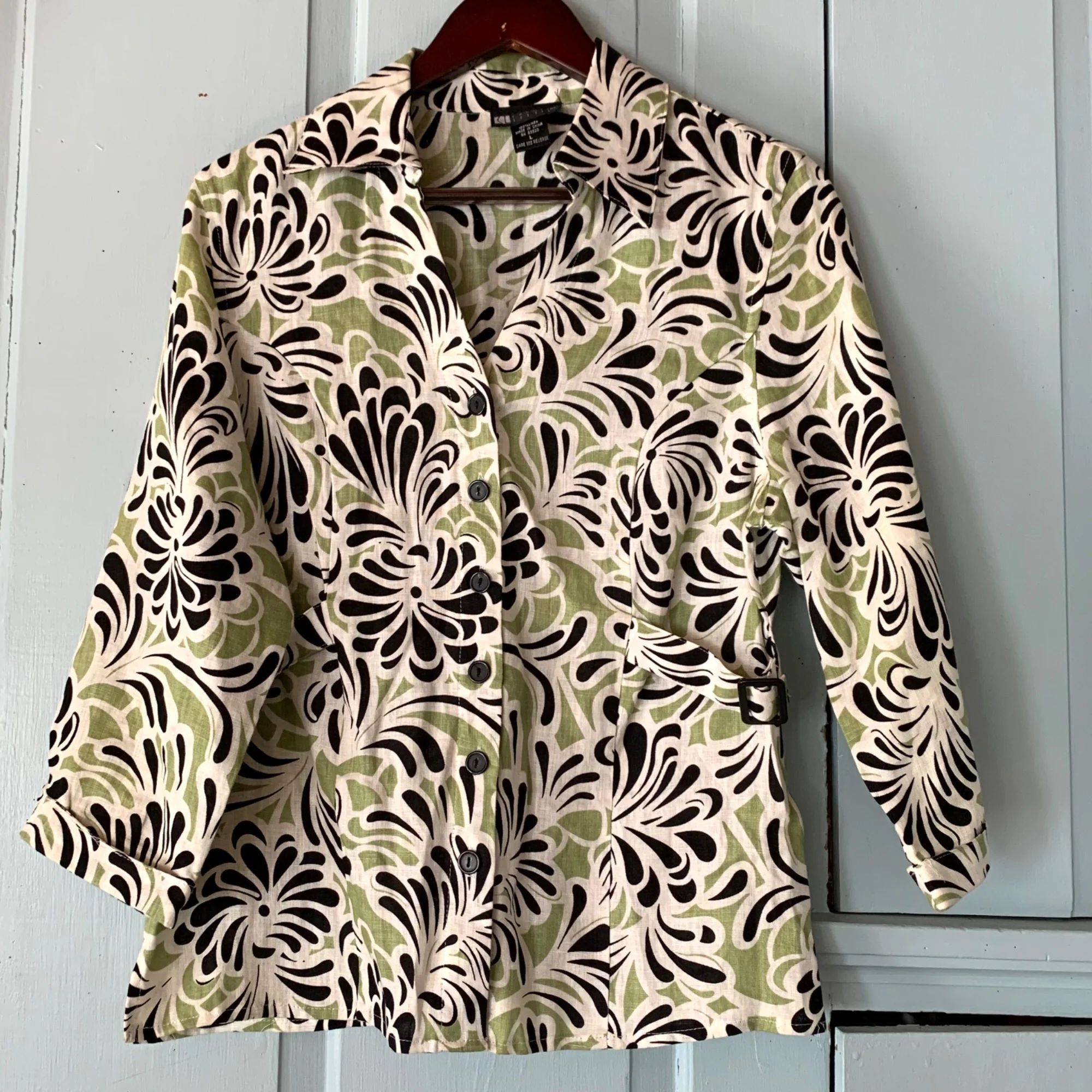 Vintage Linen Shirt L Print Jacket Side Buckle Lightweight Career by Carole Little - Image 8