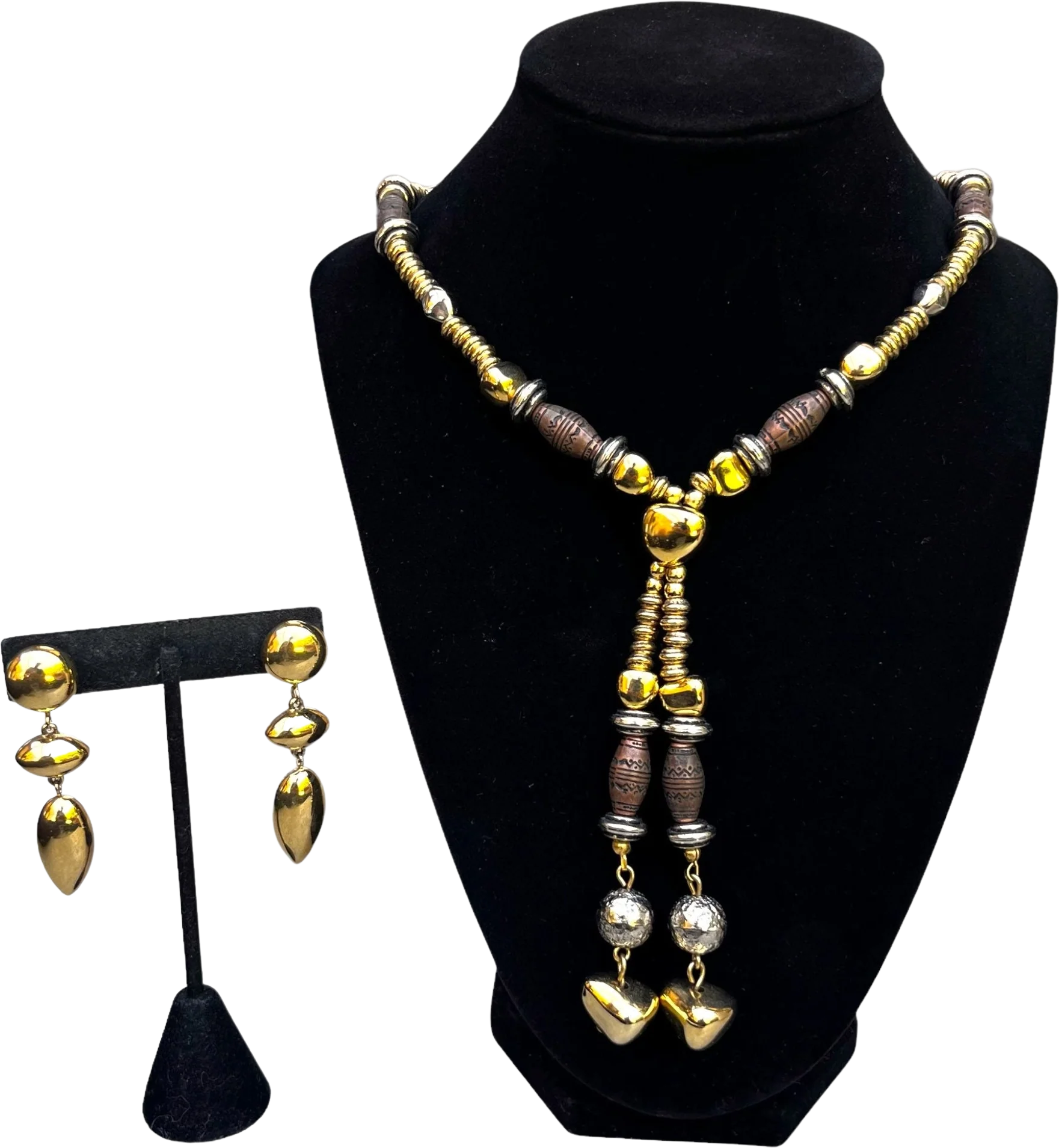 Vintage Liz Claiborne Necklace Earrings Set 1980 90s Gold Silver Mixed Metal Lariat Drop by Liz Claiborne