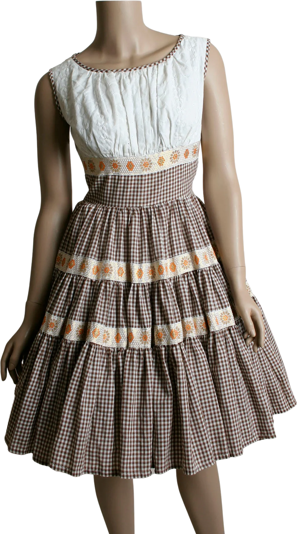 Vintage Lolita Gingham 70s Cocoa Brown Sunflower Floral Print Square Dance Full Skirt Pinup Cotton Day Dress