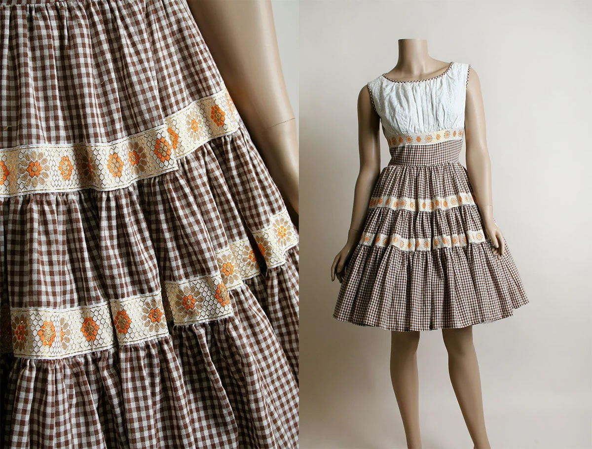 Vintage Lolita Gingham 70s Cocoa Brown Sunflower Floral Print Square Dance Full Skirt Pinup Cotton Day Dress - Image 2
