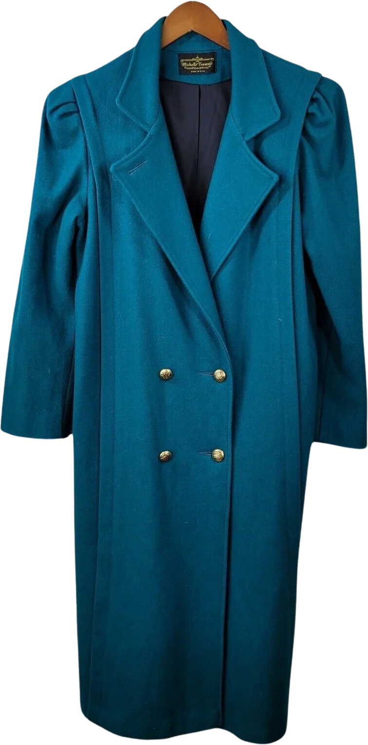Vintage Long Coat Size 6/8 Wool Trench Coat Winter Duster Teal Double Breasted