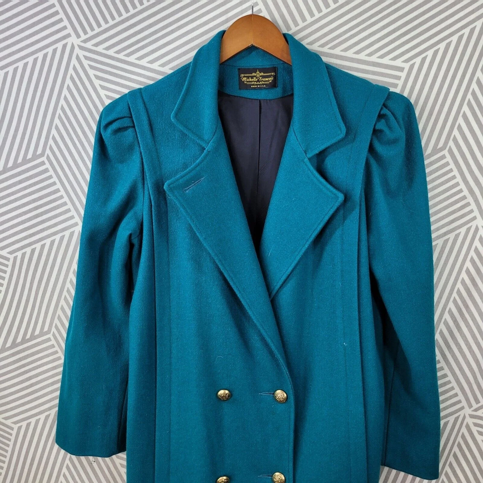 Vintage Long Coat Size 6/8 Wool Trench Coat Winter Duster Teal Double Breasted - Image 2