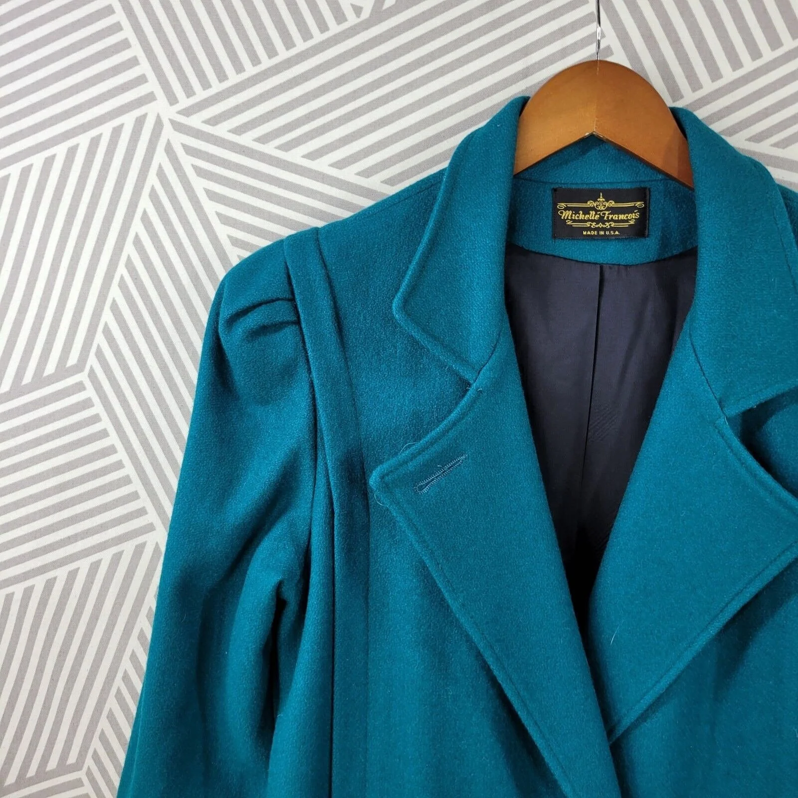 Vintage Long Coat Size 6/8 Wool Trench Coat Winter Duster Teal Double Breasted - Image 3