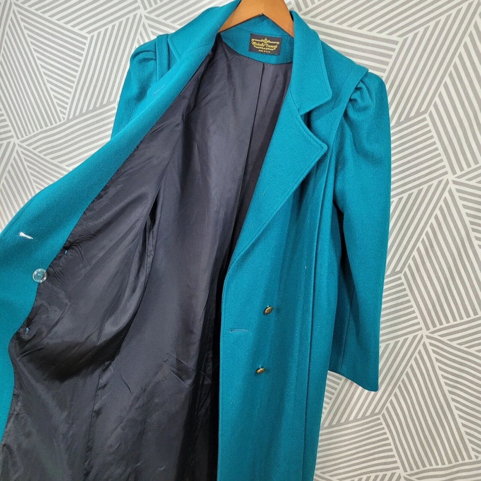 Vintage Long Coat Size 6/8 Wool Trench Coat Winter Duster Teal Double Breasted - Image 7