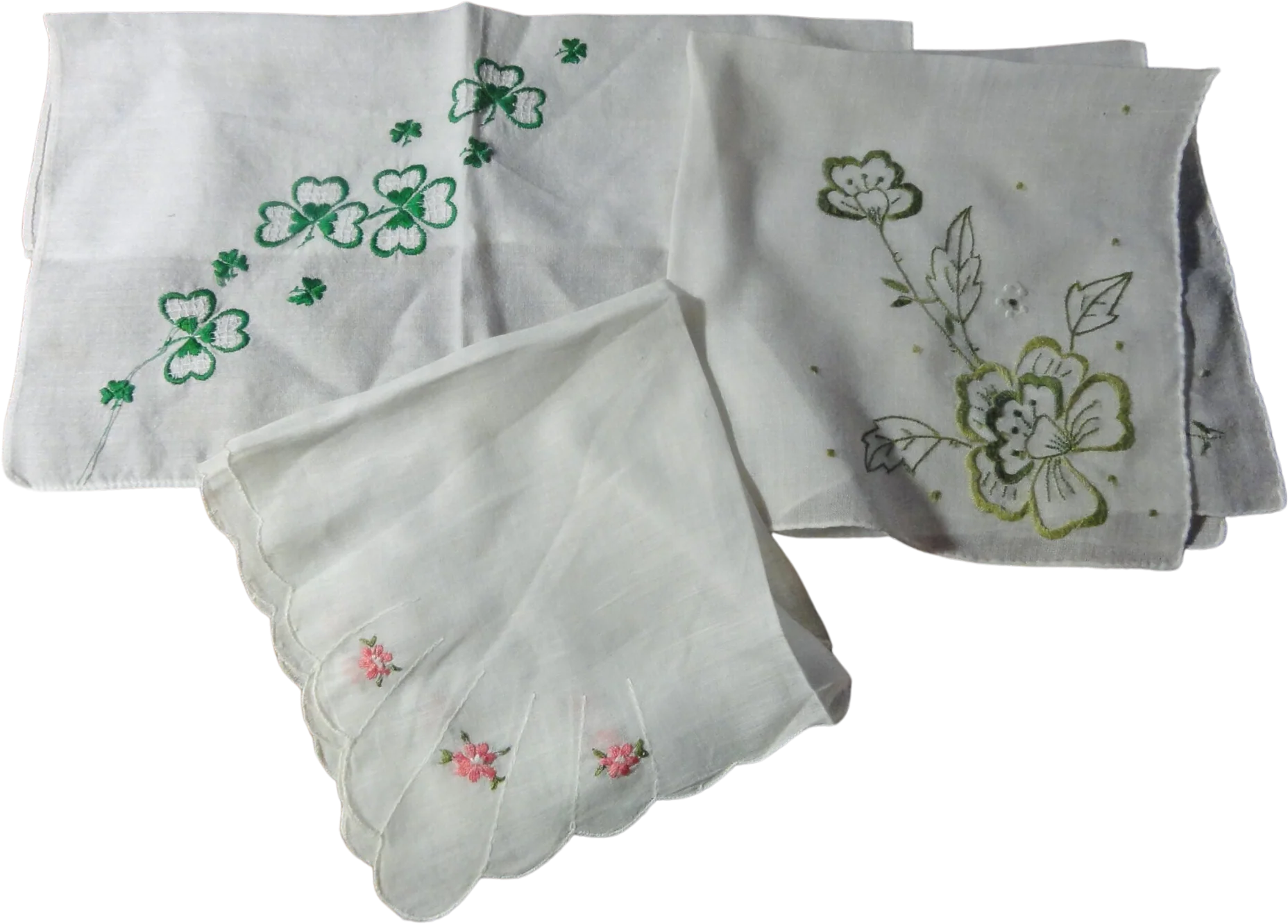 Vintage Lot of 3 Handkerchiefs Embroidered Green Pink Flowers
