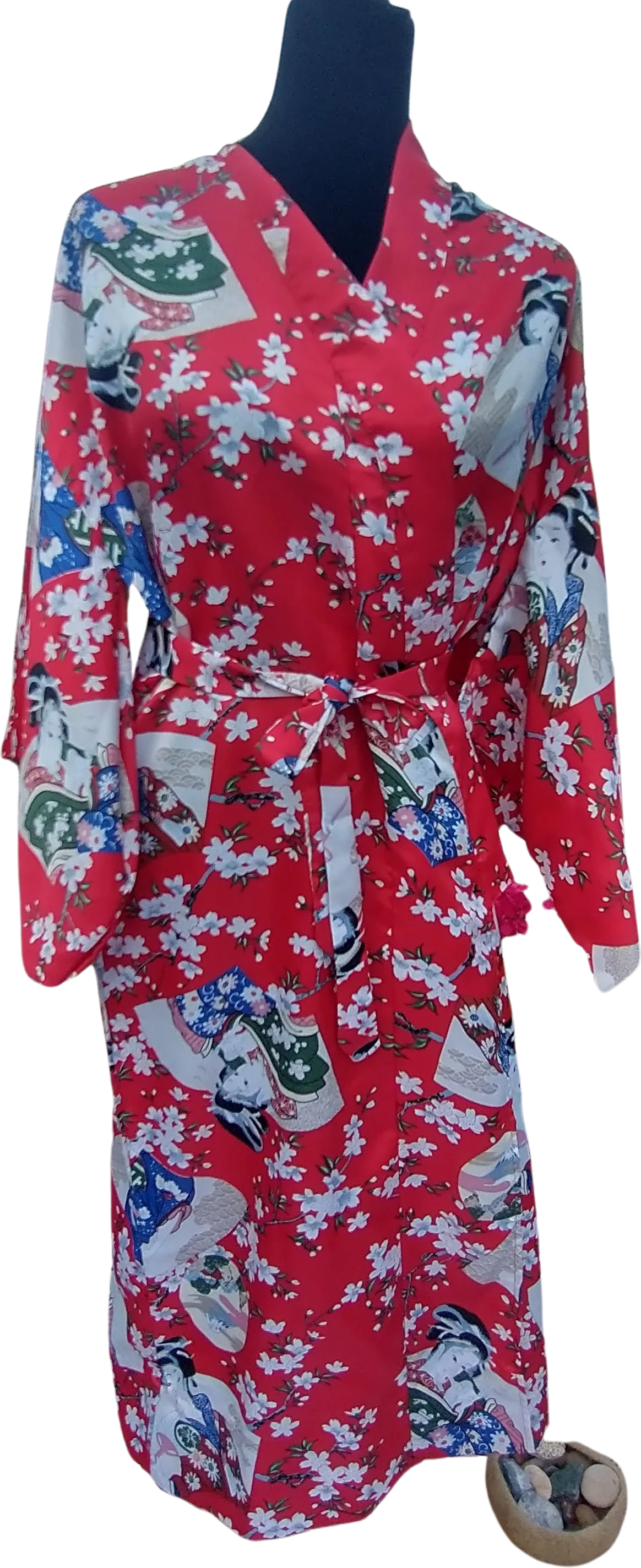 Vintage Lotus Print Novelty Print Red and White Women's Robe Small To Medium