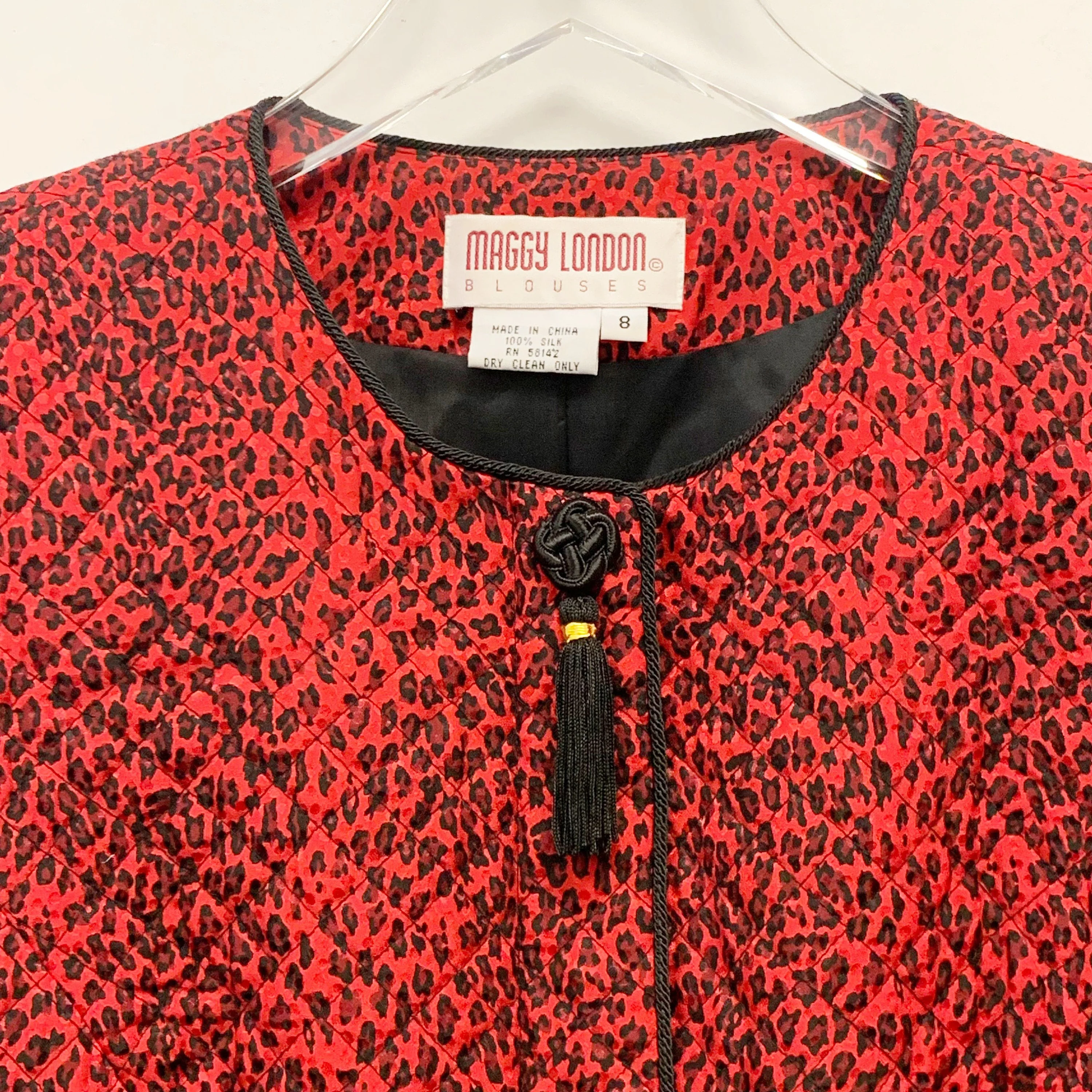 Vintage Maggy London Quilted 100% Genuine Silk Leopard Print Collarless Blazer by Maggy London - Image 3