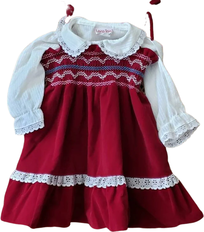 Vintage Maroon Velvet Smocked Jumper Dress and White Collared Shirt 4t by Lara Jan