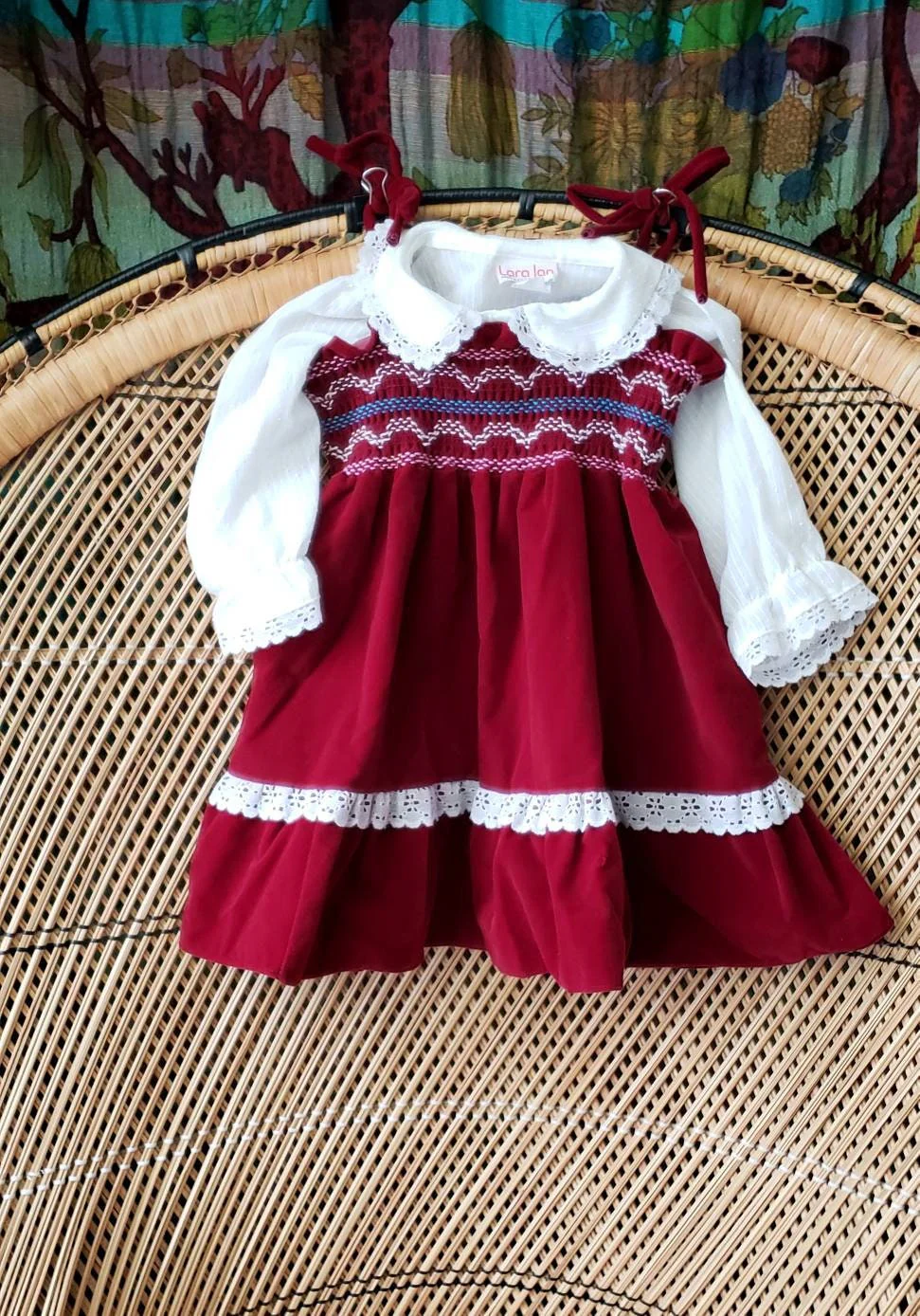 Vintage Maroon Velvet Smocked Jumper Dress and White Collared Shirt 4t by Lara Jan - Image 2