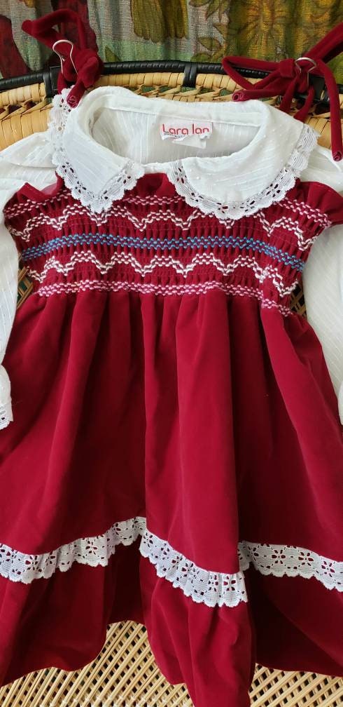 Vintage Maroon Velvet Smocked Jumper Dress and White Collared Shirt 4t by Lara Jan - Image 5