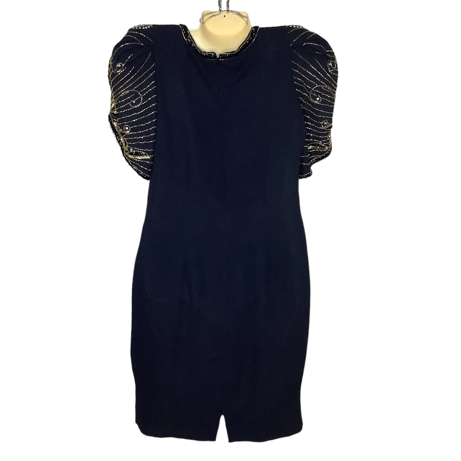 Vintage Maternity Dress M Black Gold Beaded Puff Sleeve 80s 90s Cocktail Sheath by A Pea In The Pod - Image 2