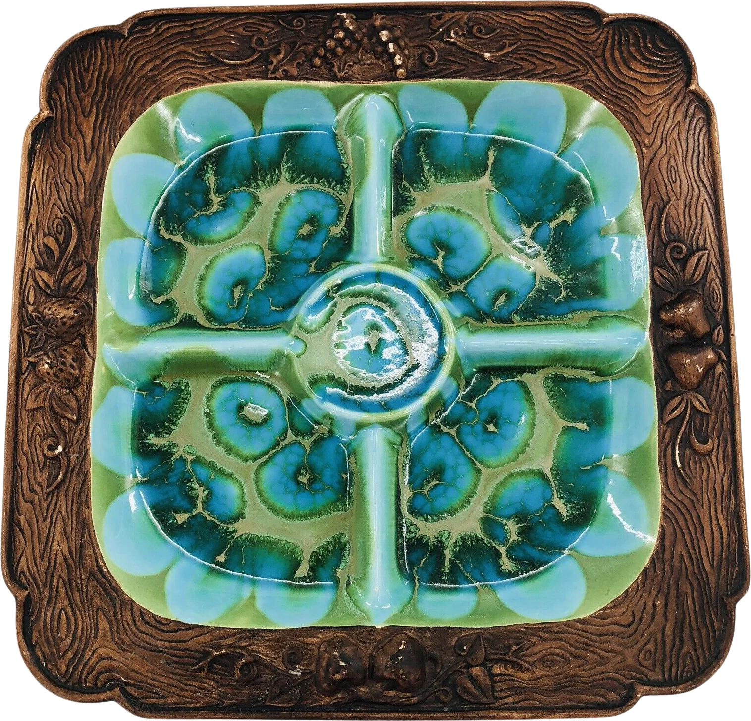 Vintage Mcm Divided Serving Plate Tray Turquoise Blue Green Gold by Treasure Craft