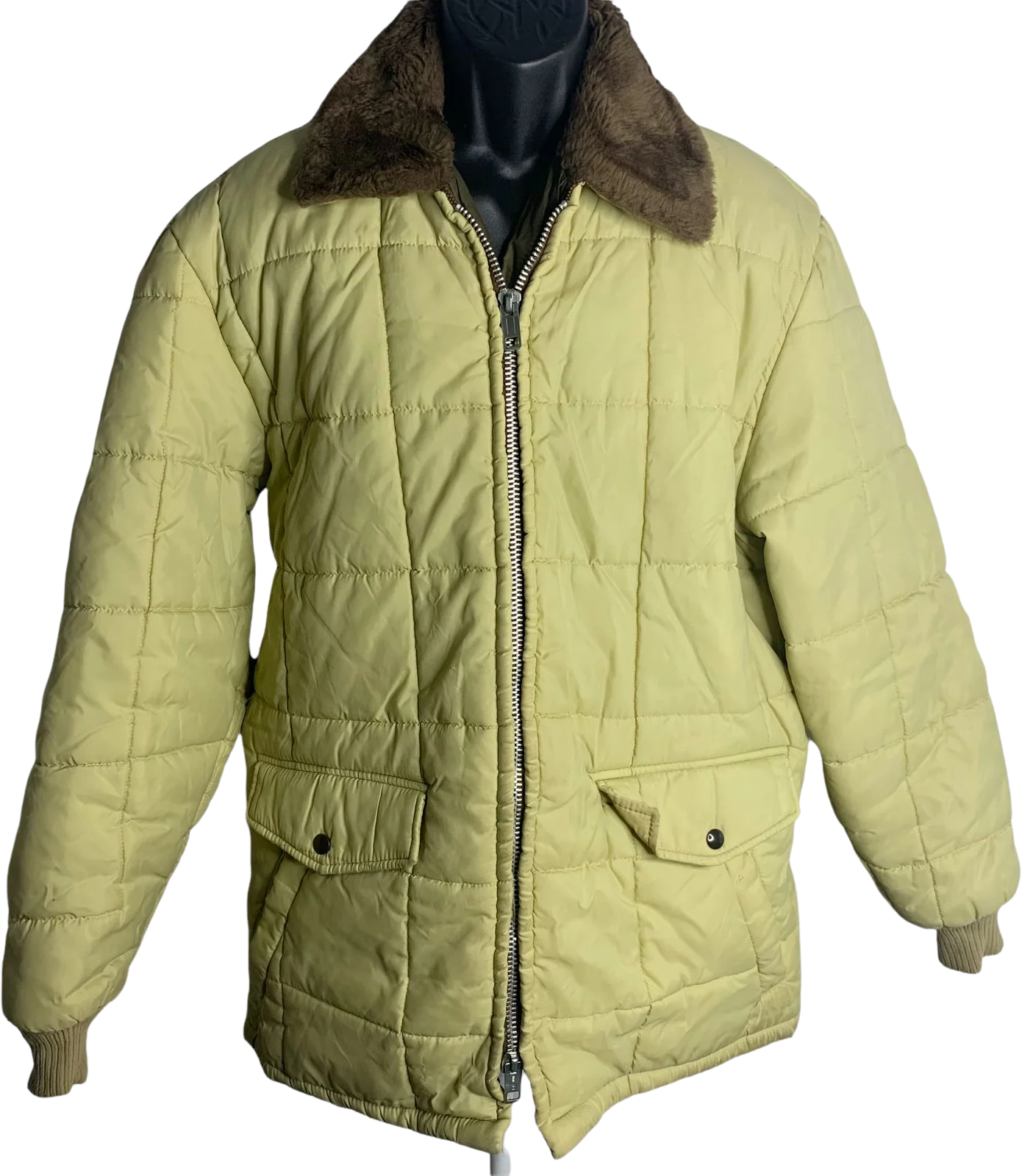 Vintage Mens 70s Quilted Double Zip Jacket M Beige Faux Fur Collar Pockets Lined