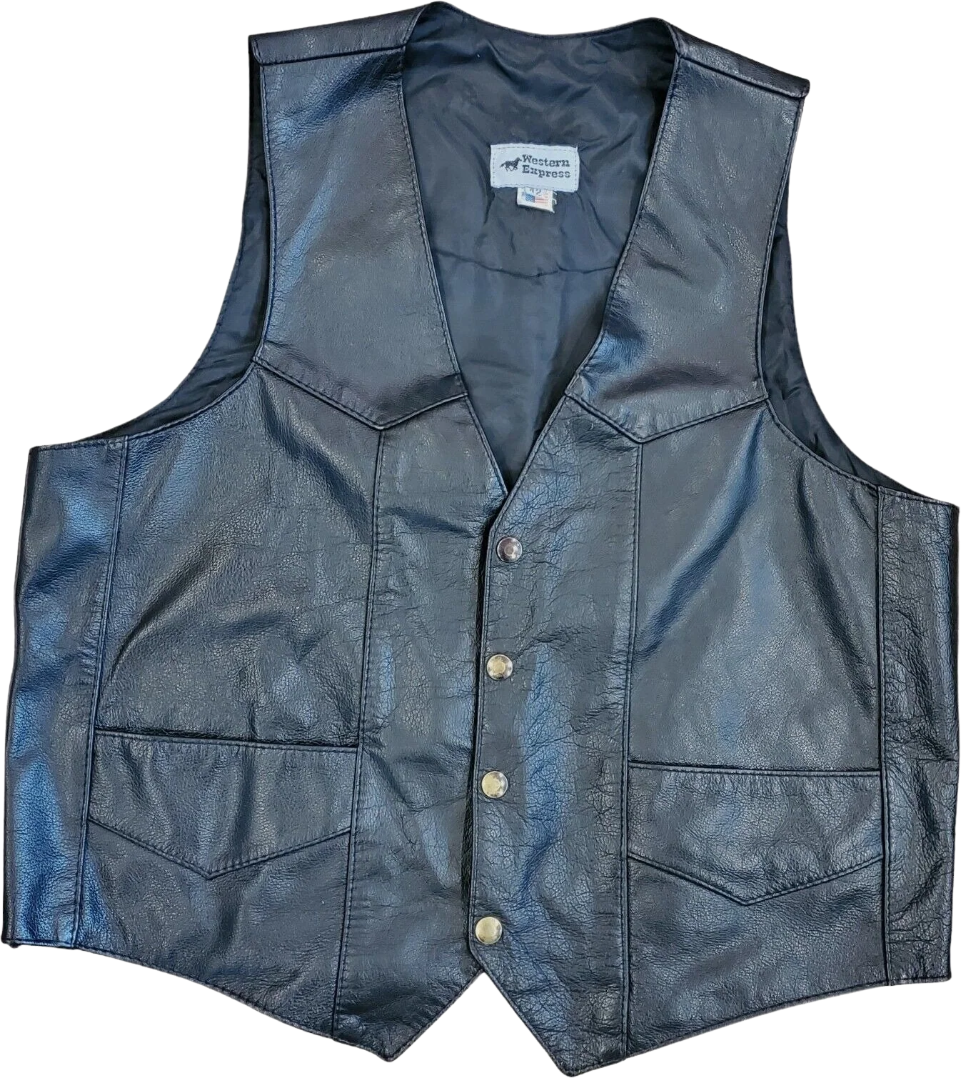 Vintage Mens Black Leather Biker Western Vest Snap Closure Lined 42 M/l Usa Made by Western Express
