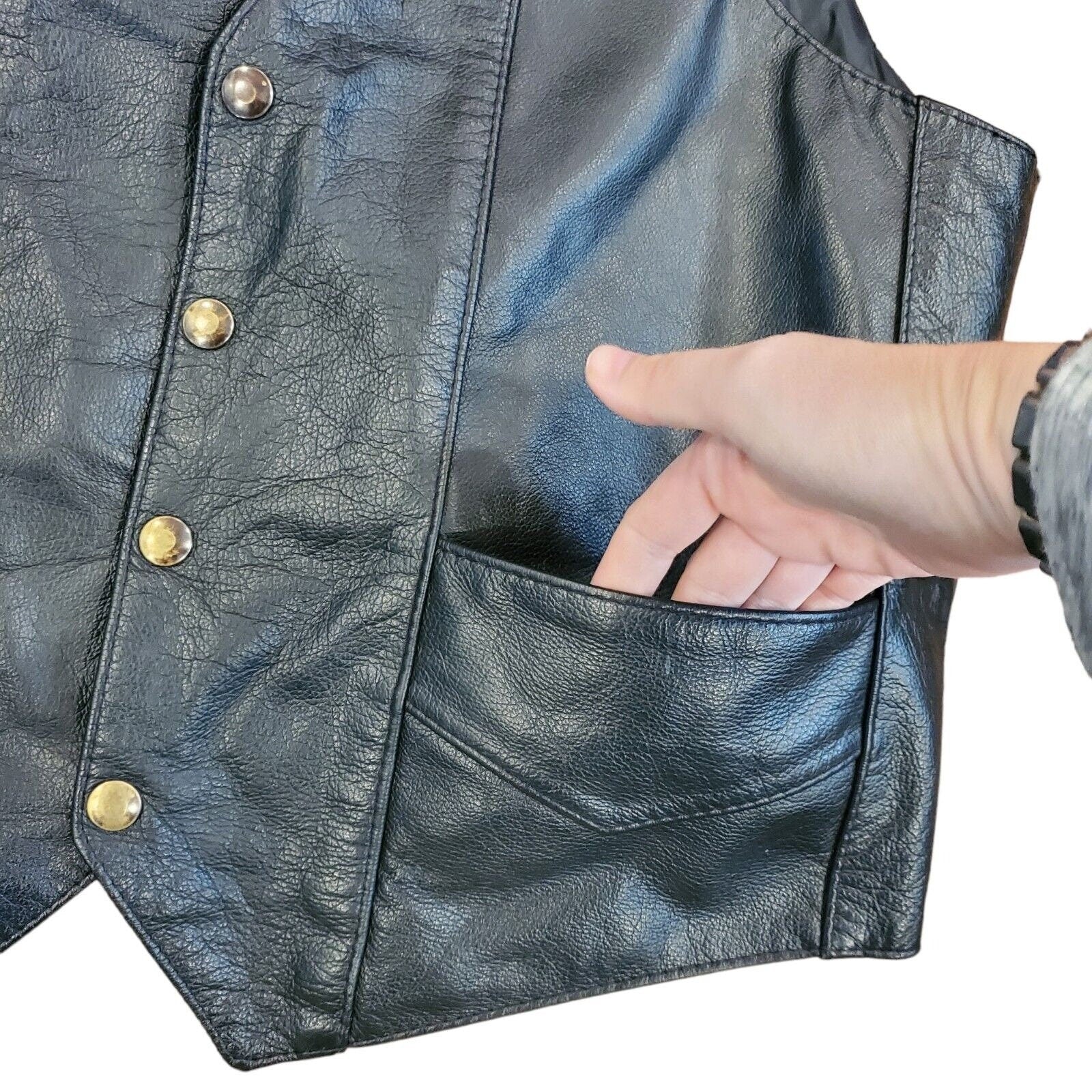 Vintage Mens Black Leather Biker Western Vest Snap Closure Lined 42 M/l Usa Made by Western Express - Image 3