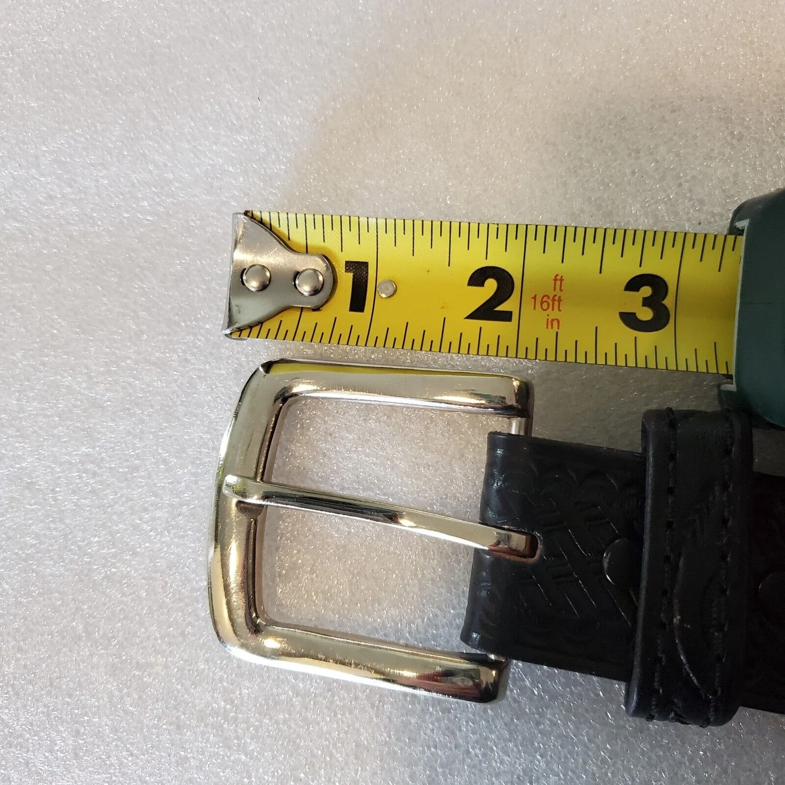 Vintage Mens Black Tooled Textured Leather Belt Silver Buckle 34-37" Removable - Image 9