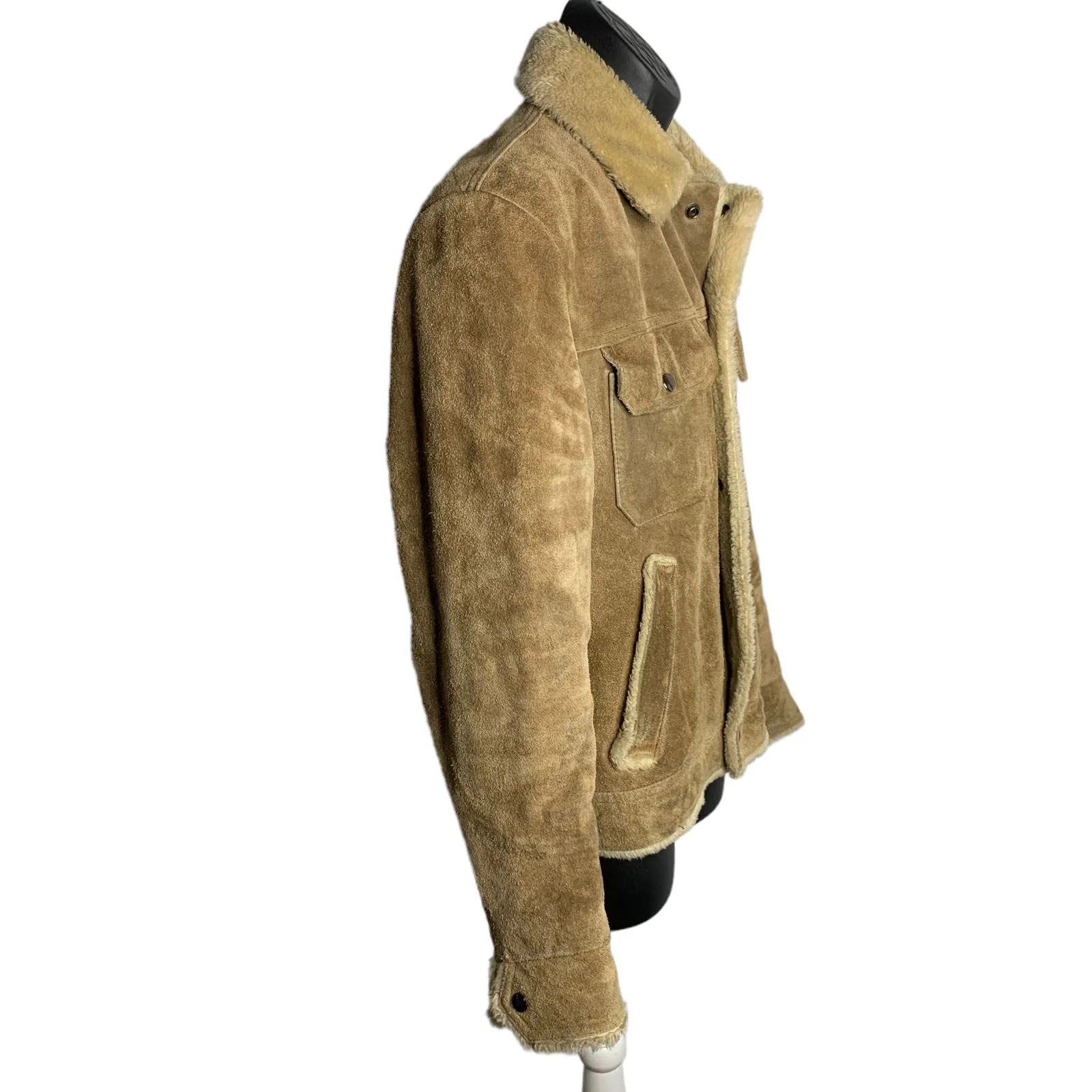 Vintage Mens Leather Rancher Jacket M Brown Faux Fur Lined Pockets Snap Front by Grande Bay - Image 3