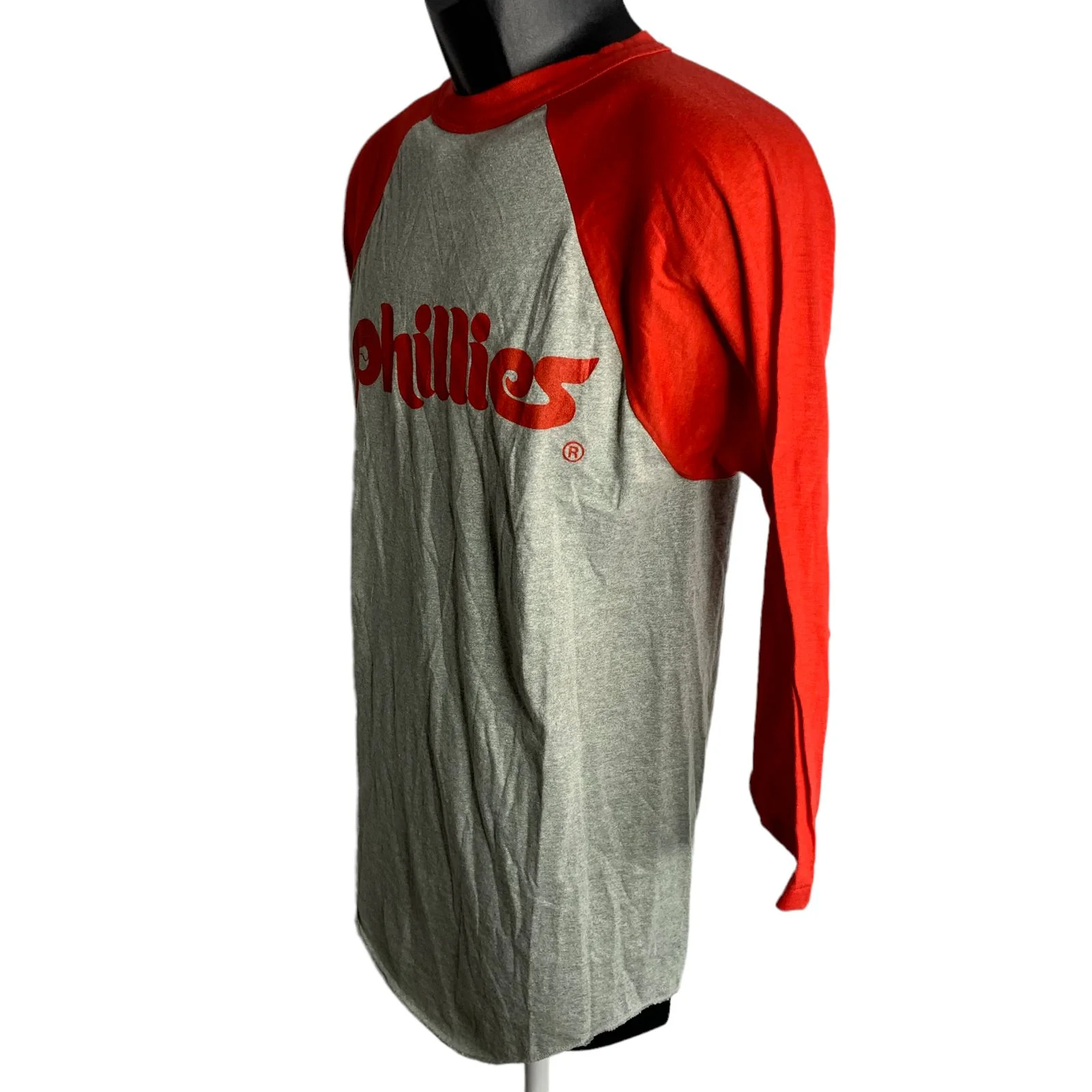 Vintage Mens Phillies Baseball Shirt S Gray Single Stitch Crewneck Raglan Mlb by Logo 7 - Image 4