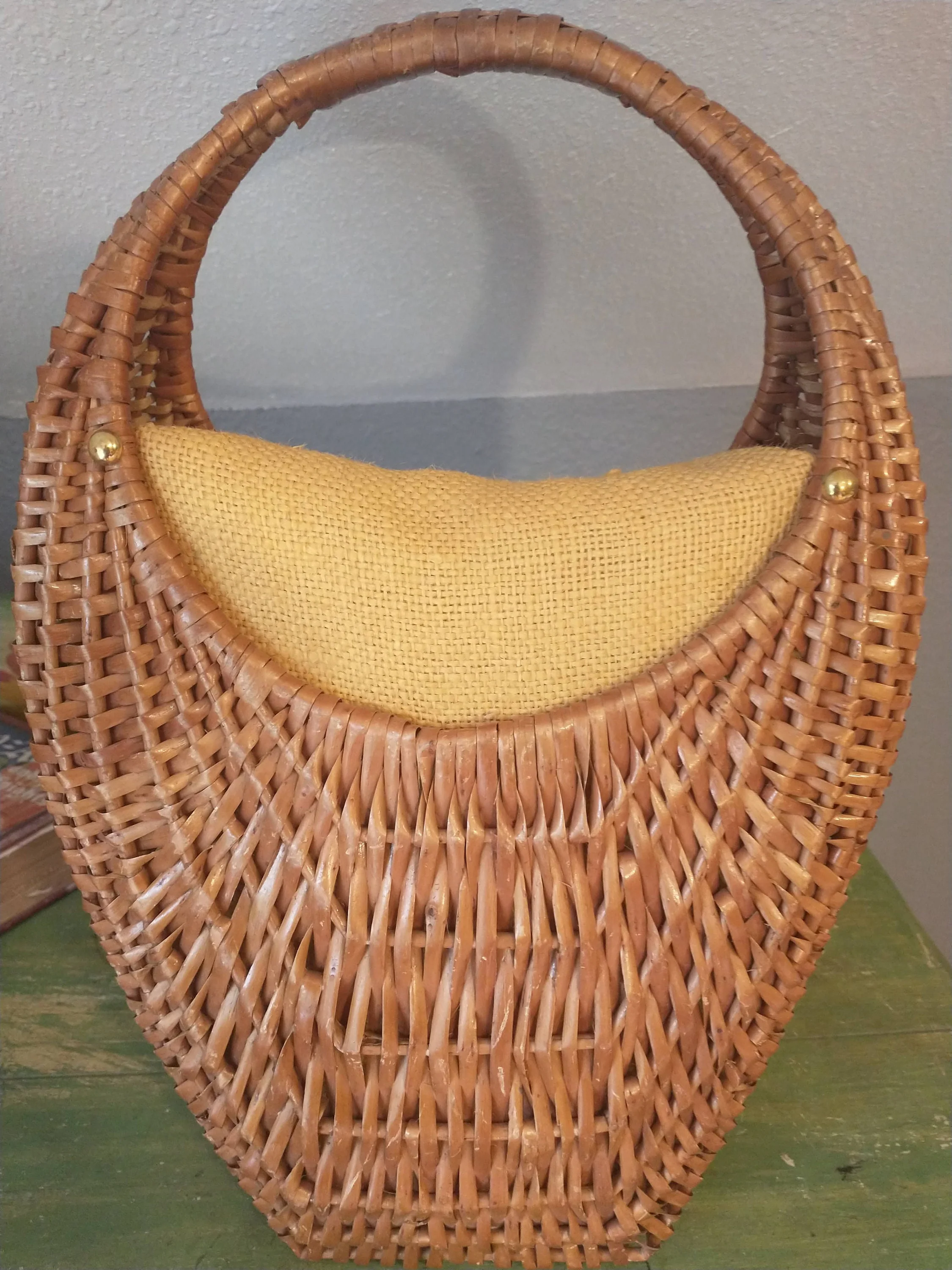 Vintage Midcentury Basket Purse Lined Burlap 50s Rockabilly Top Handle Bag Mid Sized Bag - Image 2