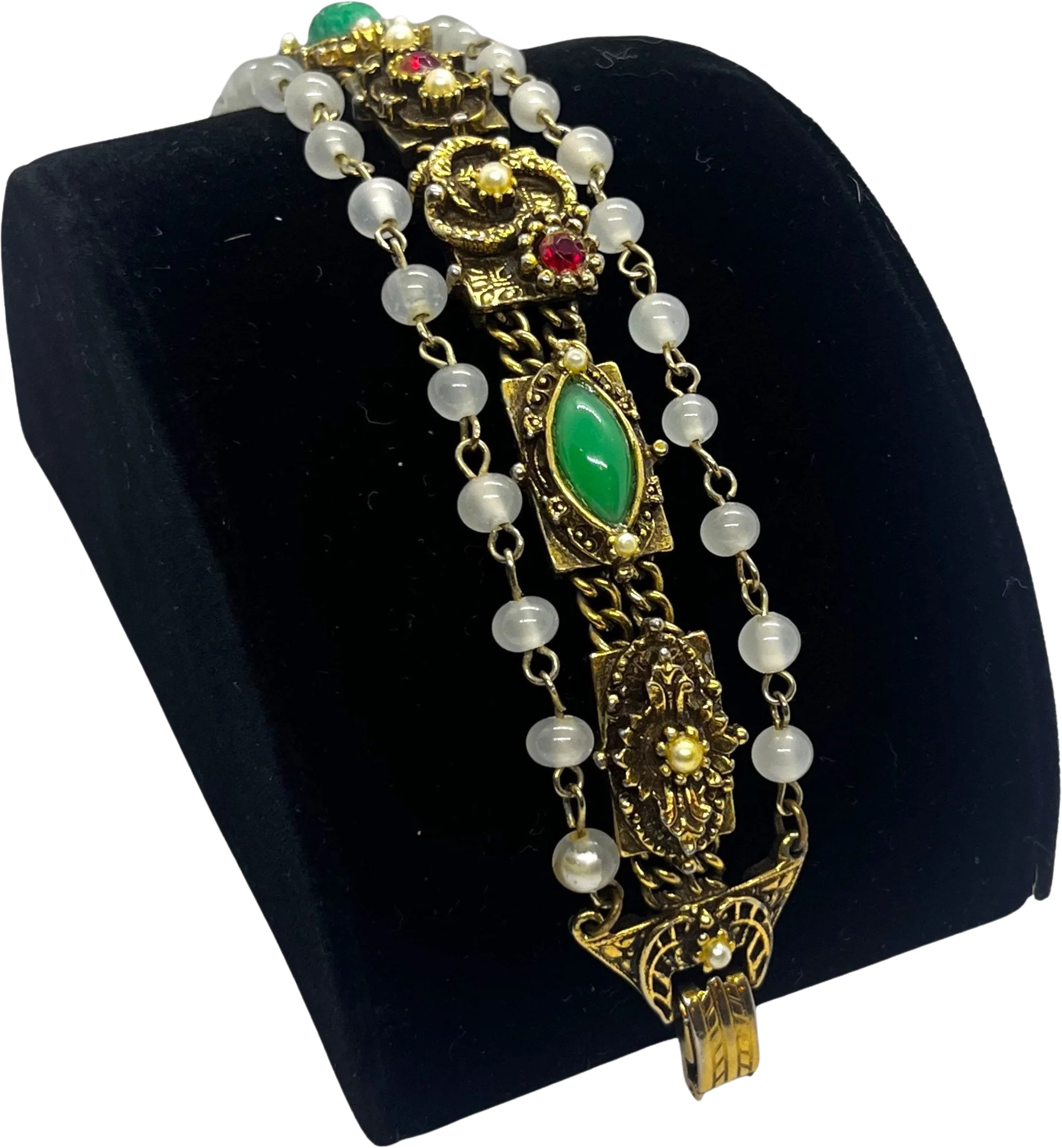Vintage Midcentury Gold Victorian Revival Bracelet 50s 60s Byzantine Etruscan Peking Glass Scarab Rhinestone Gold Pearl Jewelry by Goldette