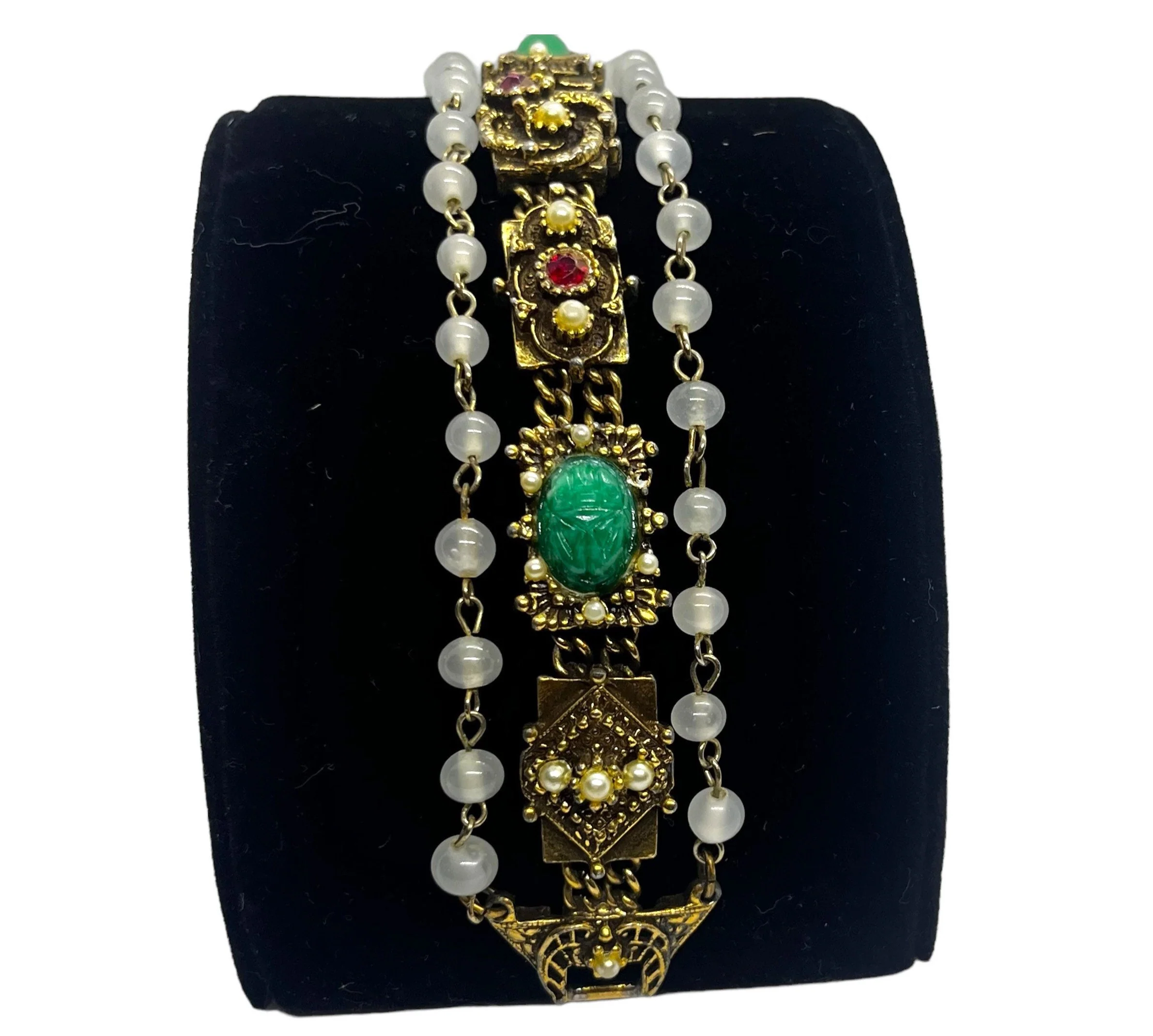 Vintage Midcentury Gold Victorian Revival Bracelet 50s 60s Byzantine Etruscan Peking Glass Scarab Rhinestone Gold Pearl Jewelry by Goldette - Image 2