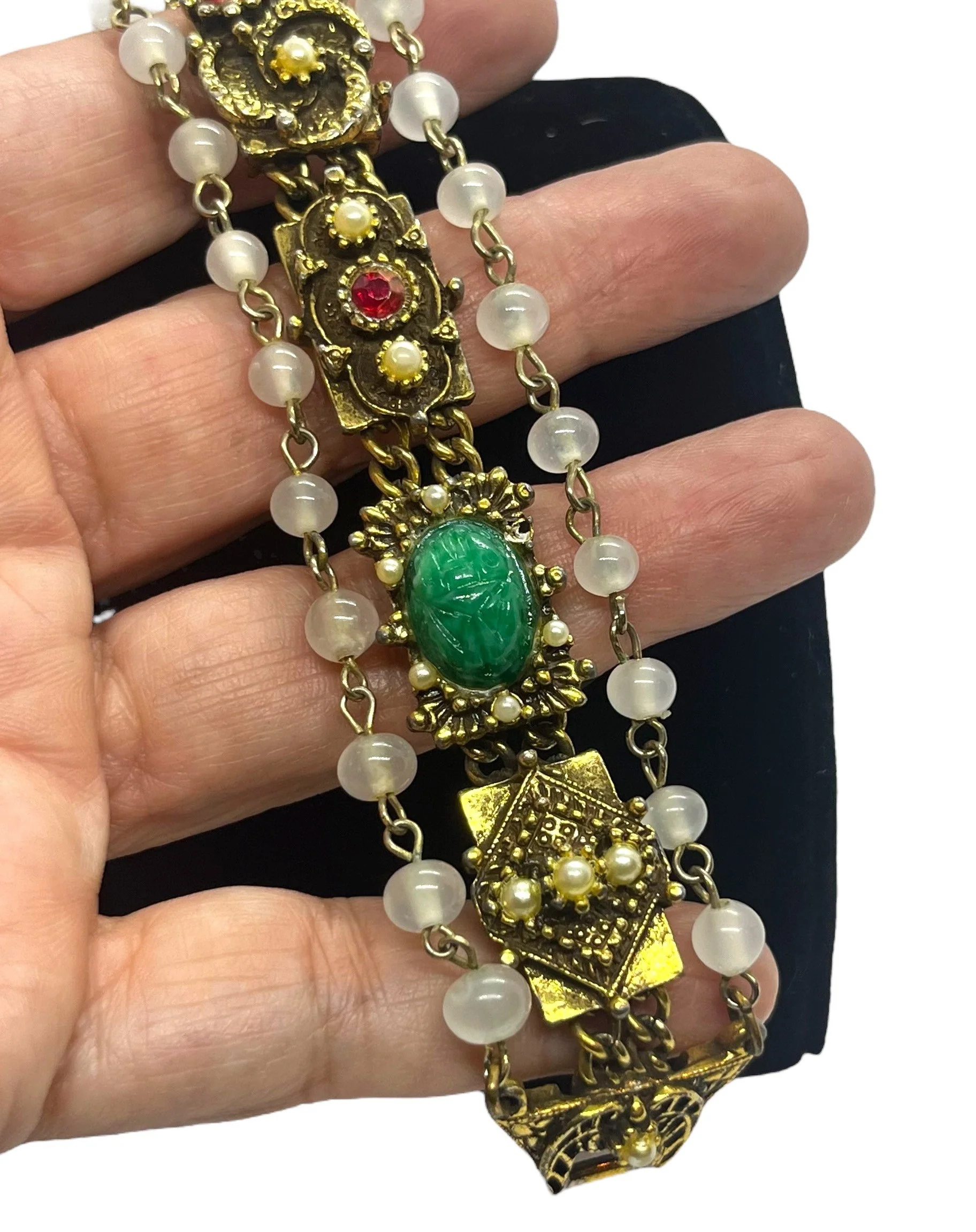 Vintage Midcentury Gold Victorian Revival Bracelet 50s 60s Byzantine Etruscan Peking Glass Scarab Rhinestone Gold Pearl Jewelry by Goldette - Image 3