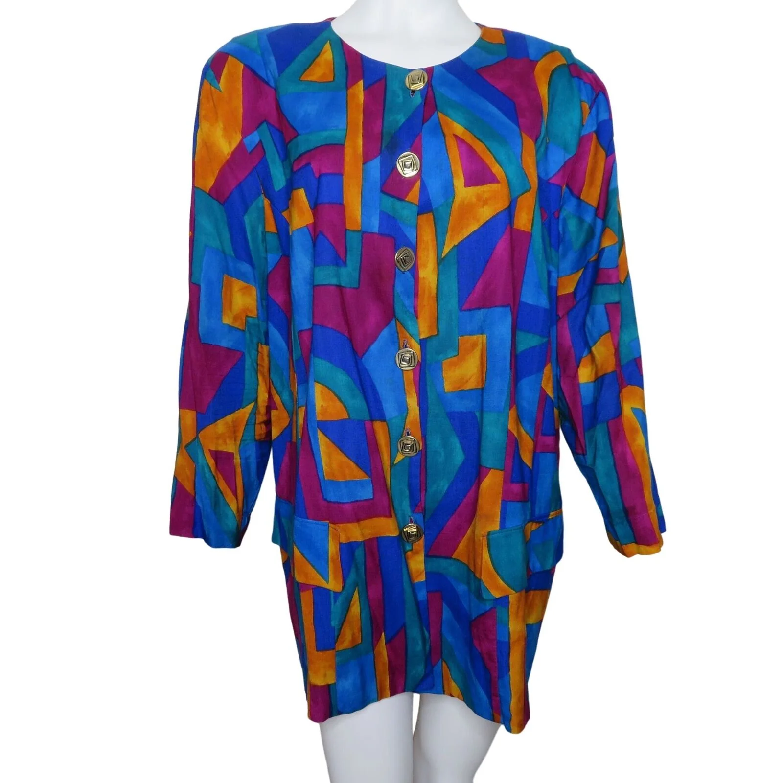Vintage Mini Jacket Dress L Abstract Shoulder Pads Faux Pocket by Maggie McNaughton - Image 2