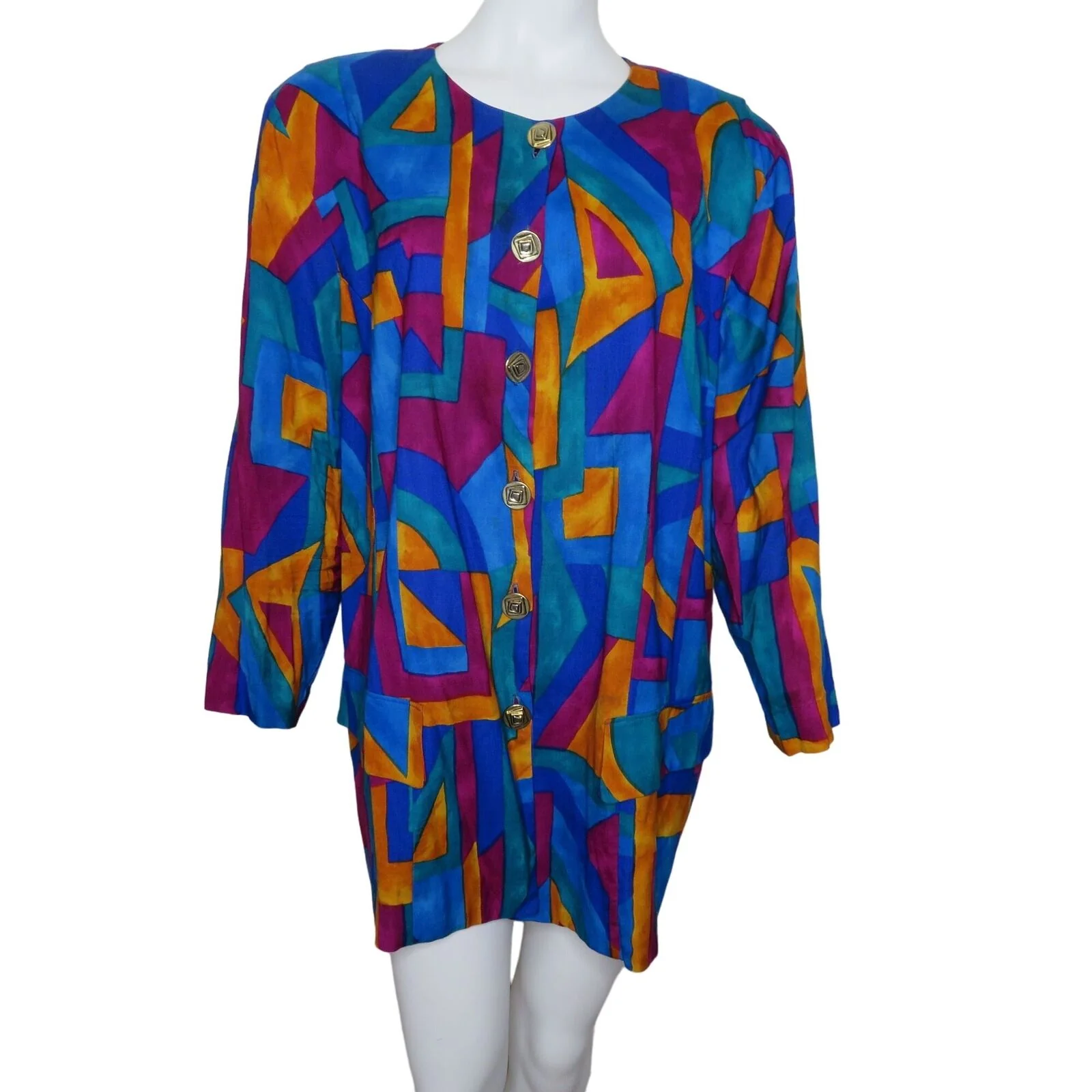 Vintage Mini Jacket Dress L Abstract Shoulder Pads Faux Pocket by Maggie McNaughton - Image 3